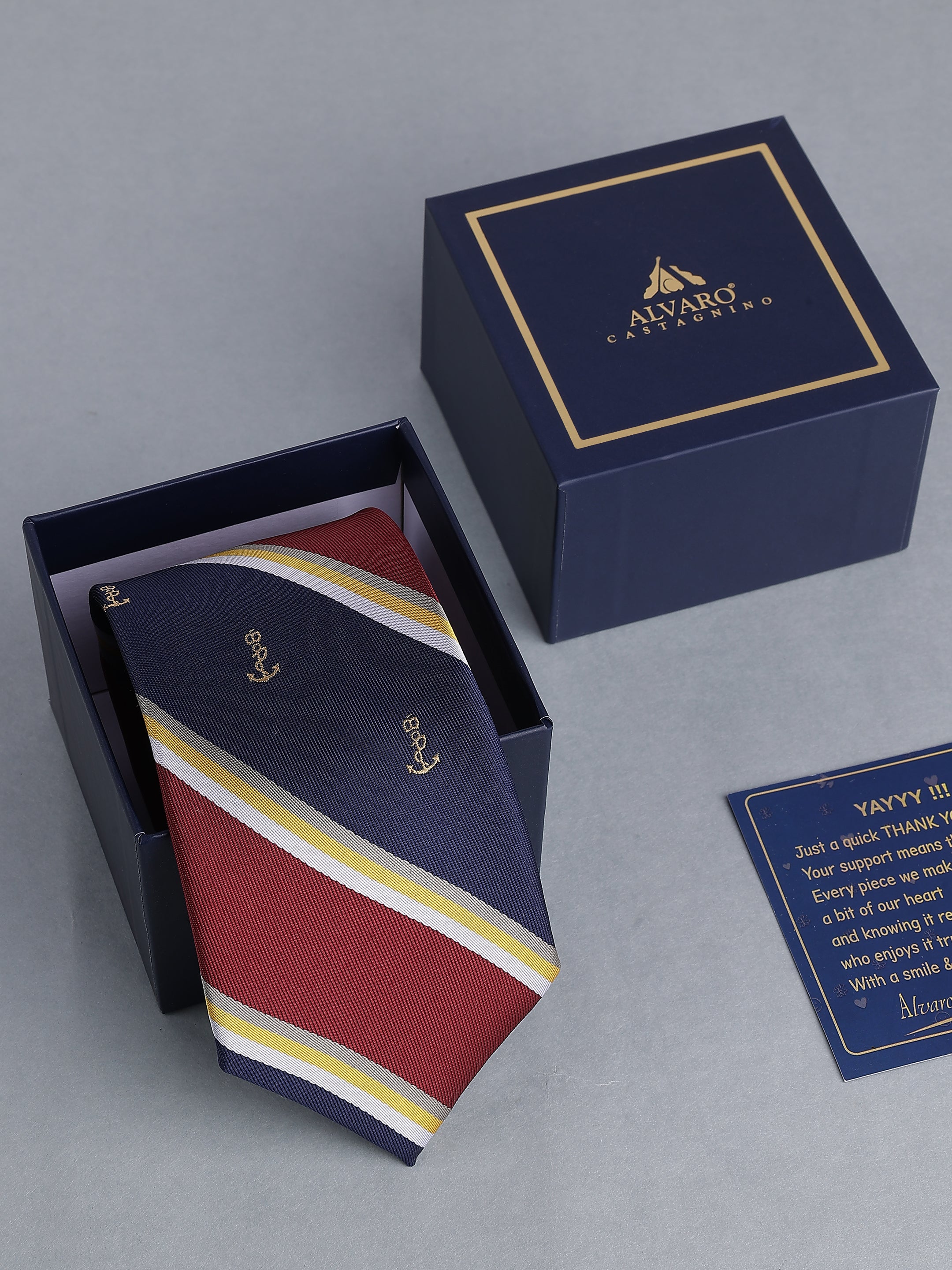 Navy & Maroon Striped Blend Gold Anchor Motif Necktie