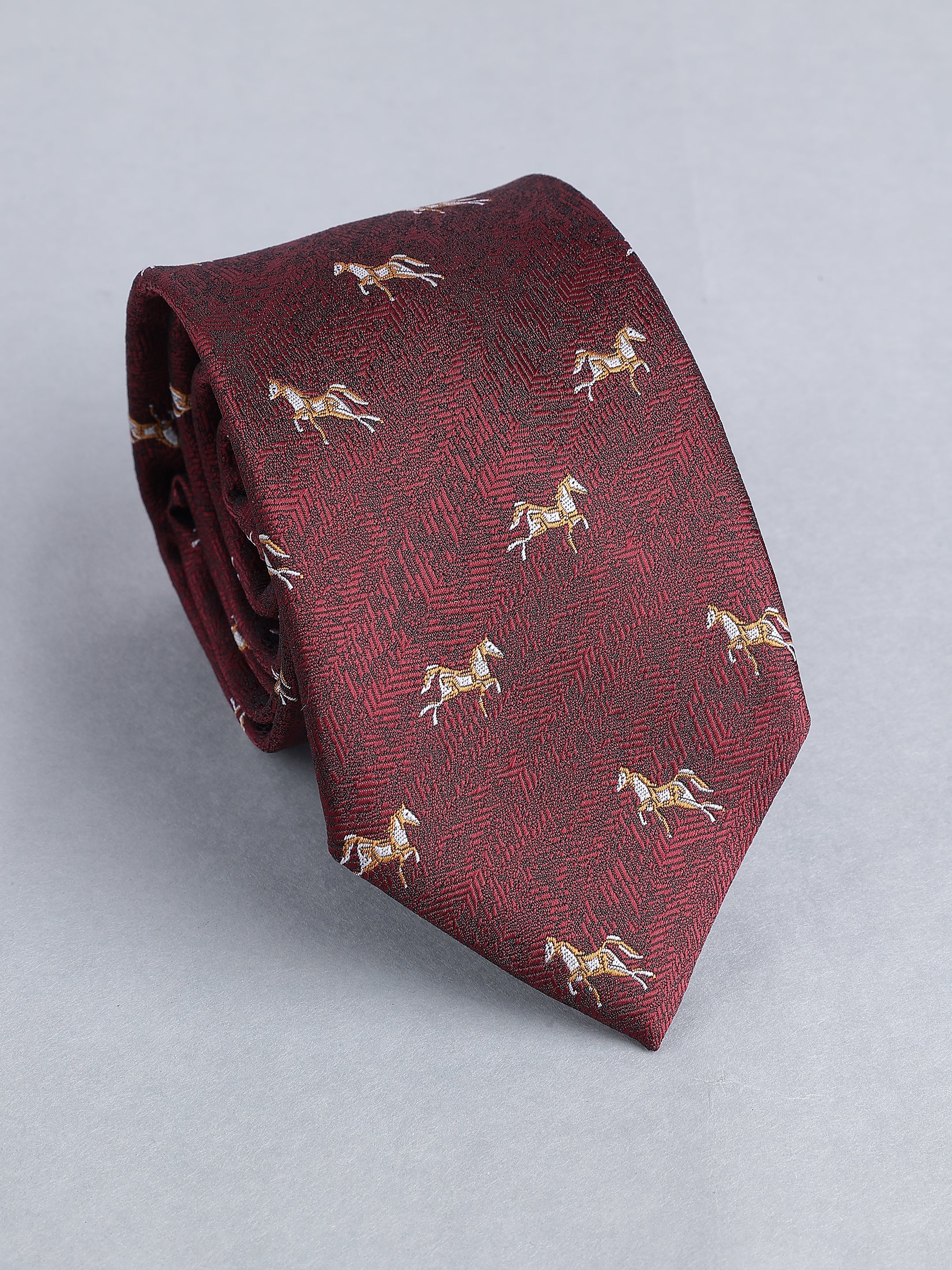 Maroon Herringbone Blend Gold Horse Motif Necktie