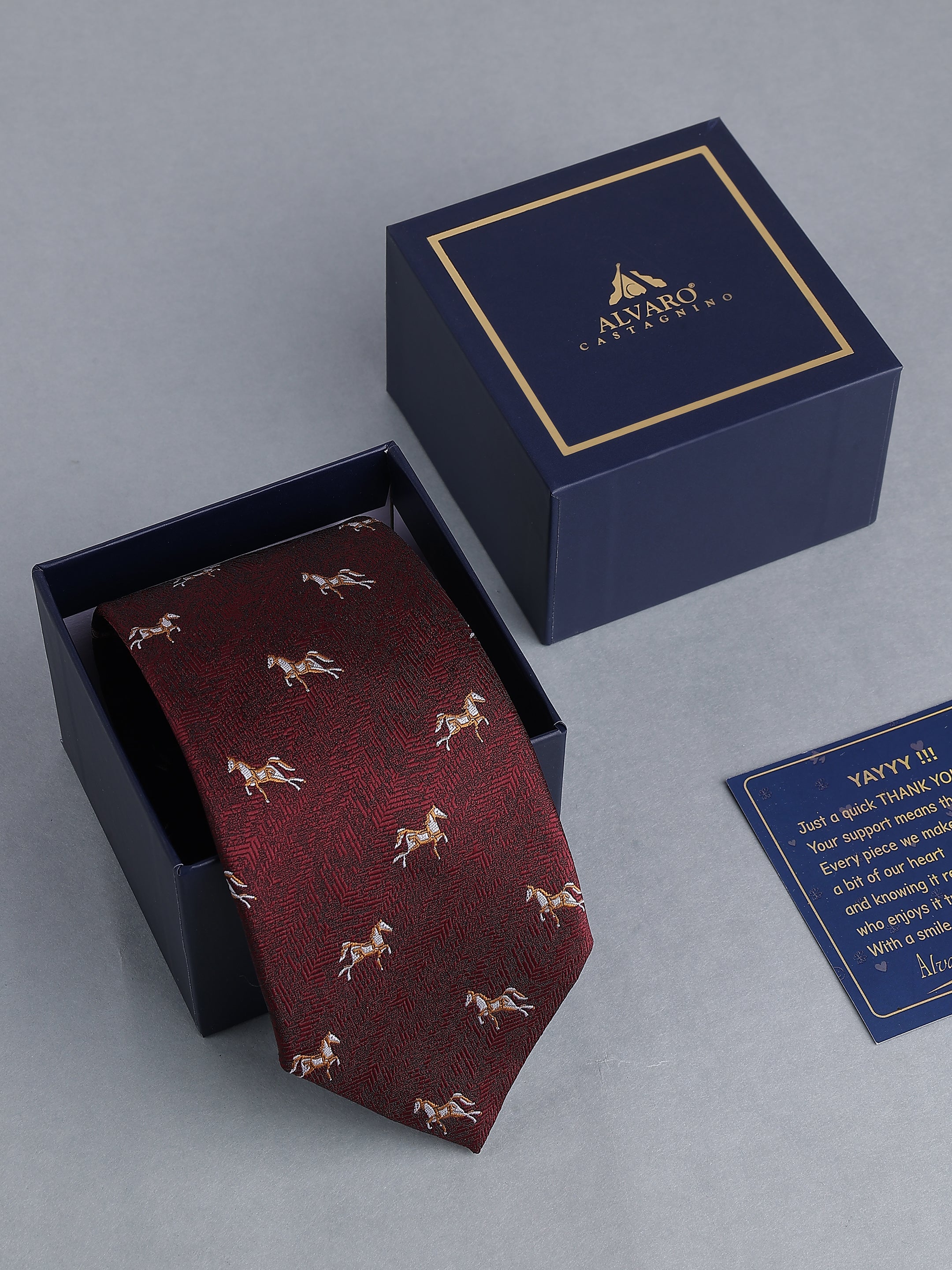 Maroon Herringbone Blend Gold Horse Motif Necktie