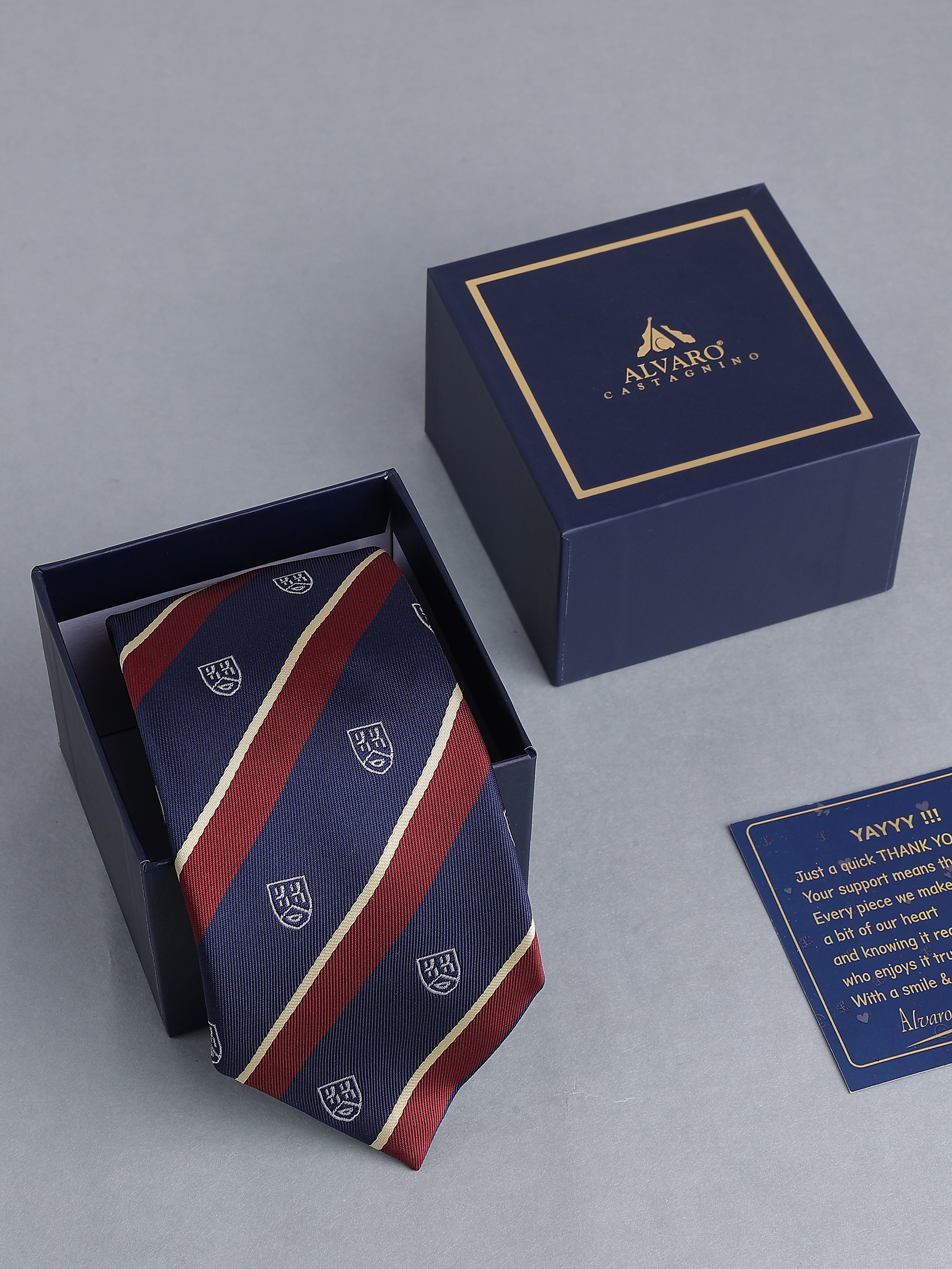 Navy & Maroon Striped Silver Shield Necktie