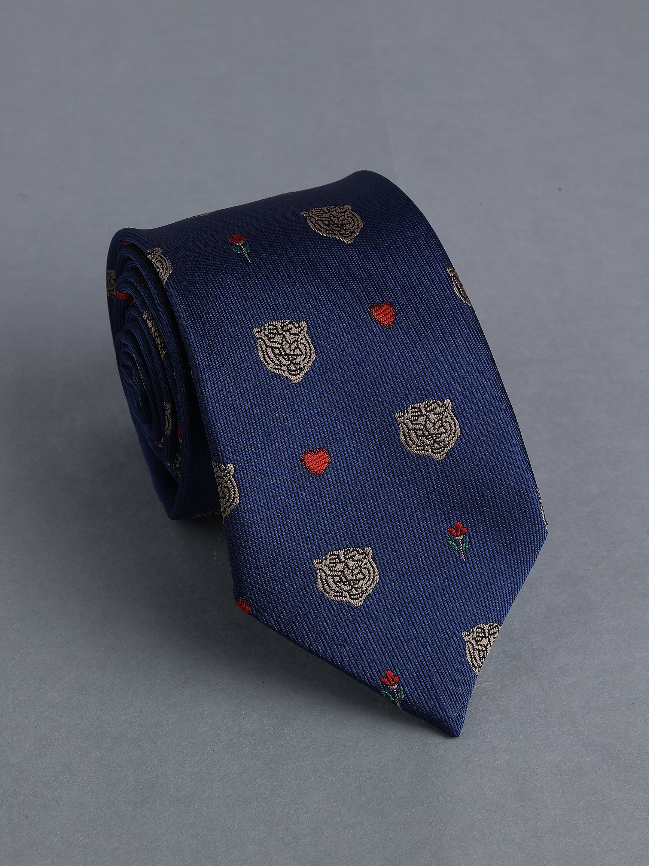 Blue Blend Gold Tiger & Red Rose Motif Necktie