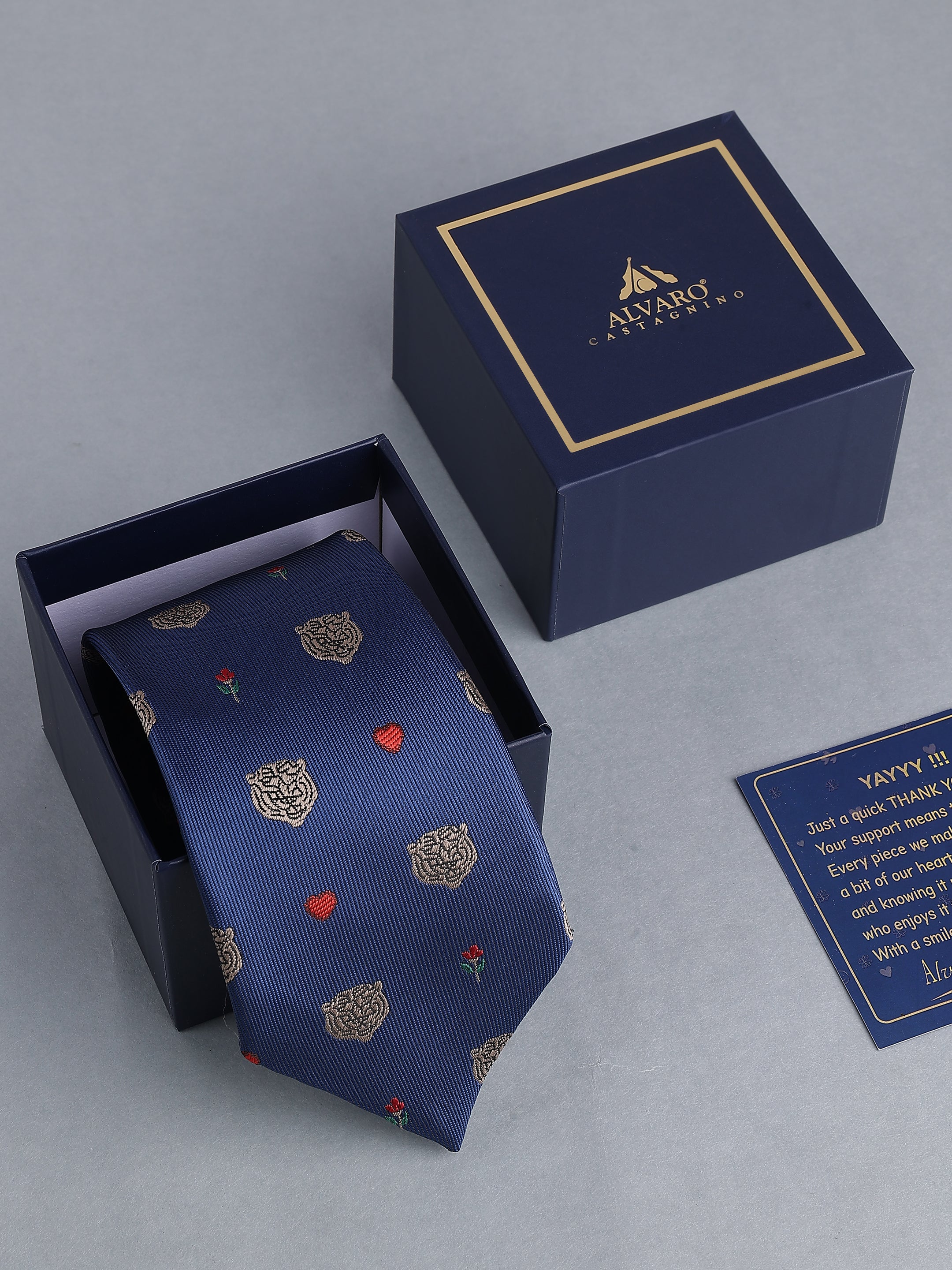 Blue Blend Gold Tiger & Red Rose Motif Necktie