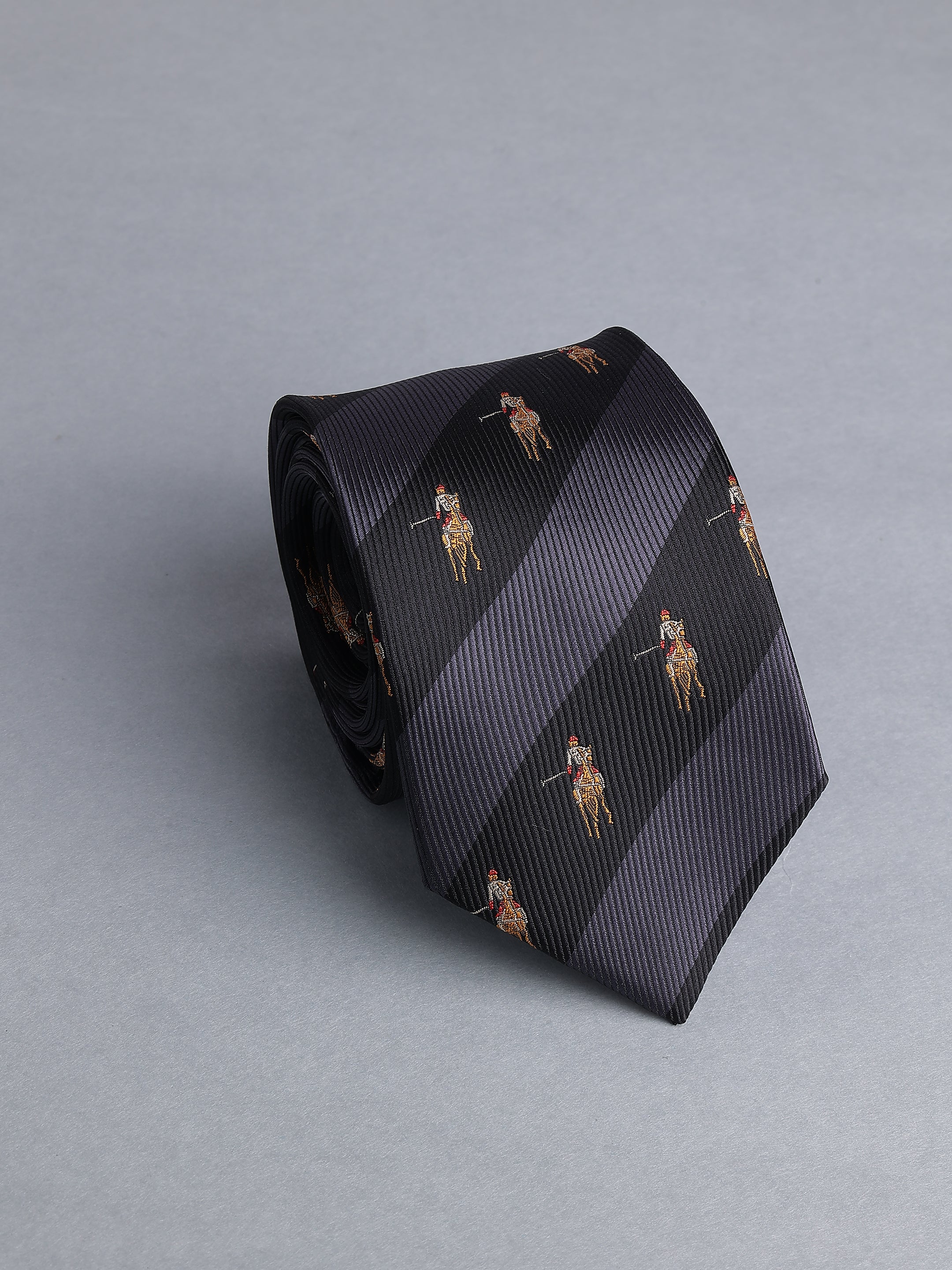 Black & Grey Striped Polo Motif Necktie