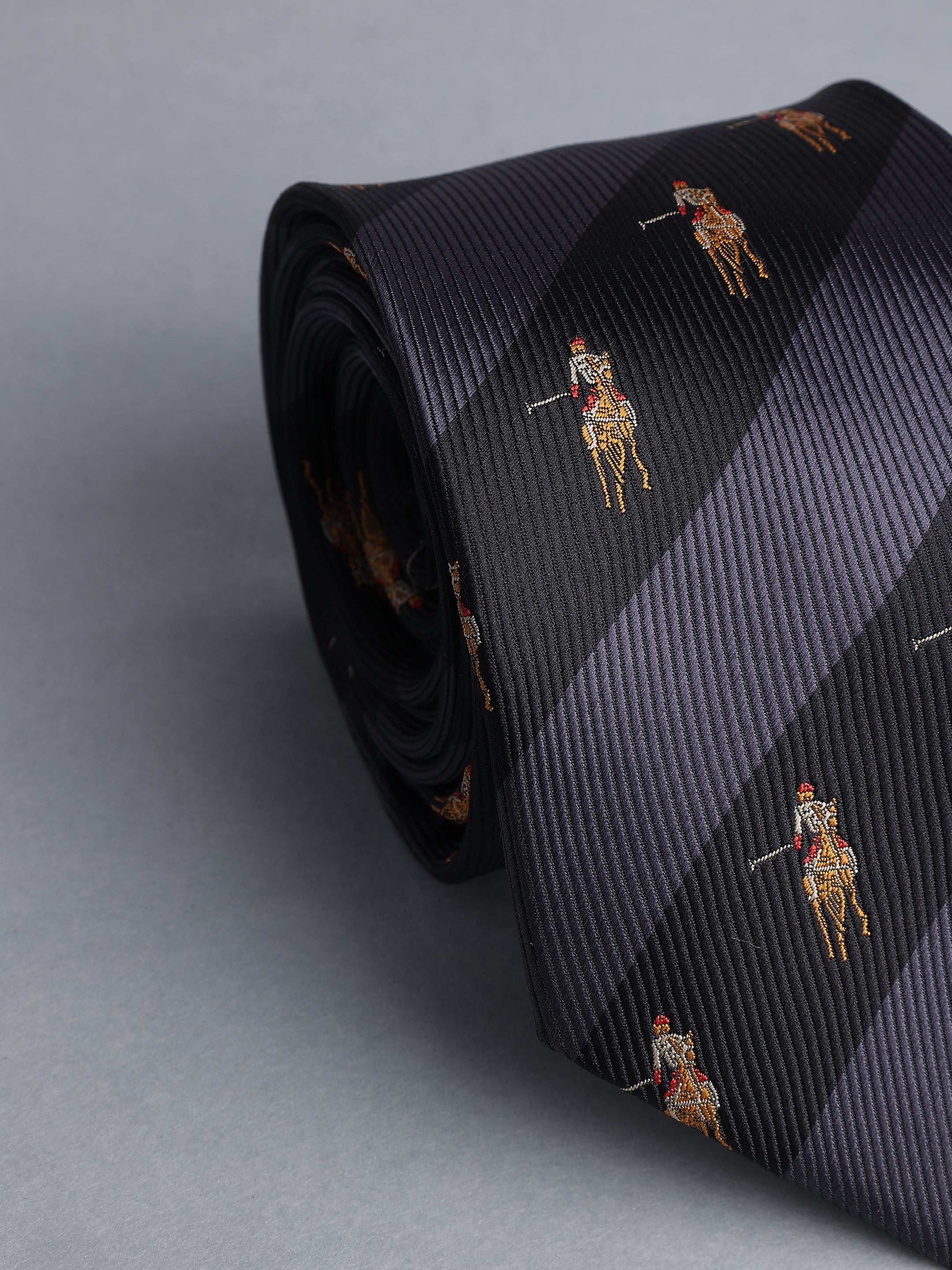 Black & Grey Striped Polo Motif Necktie