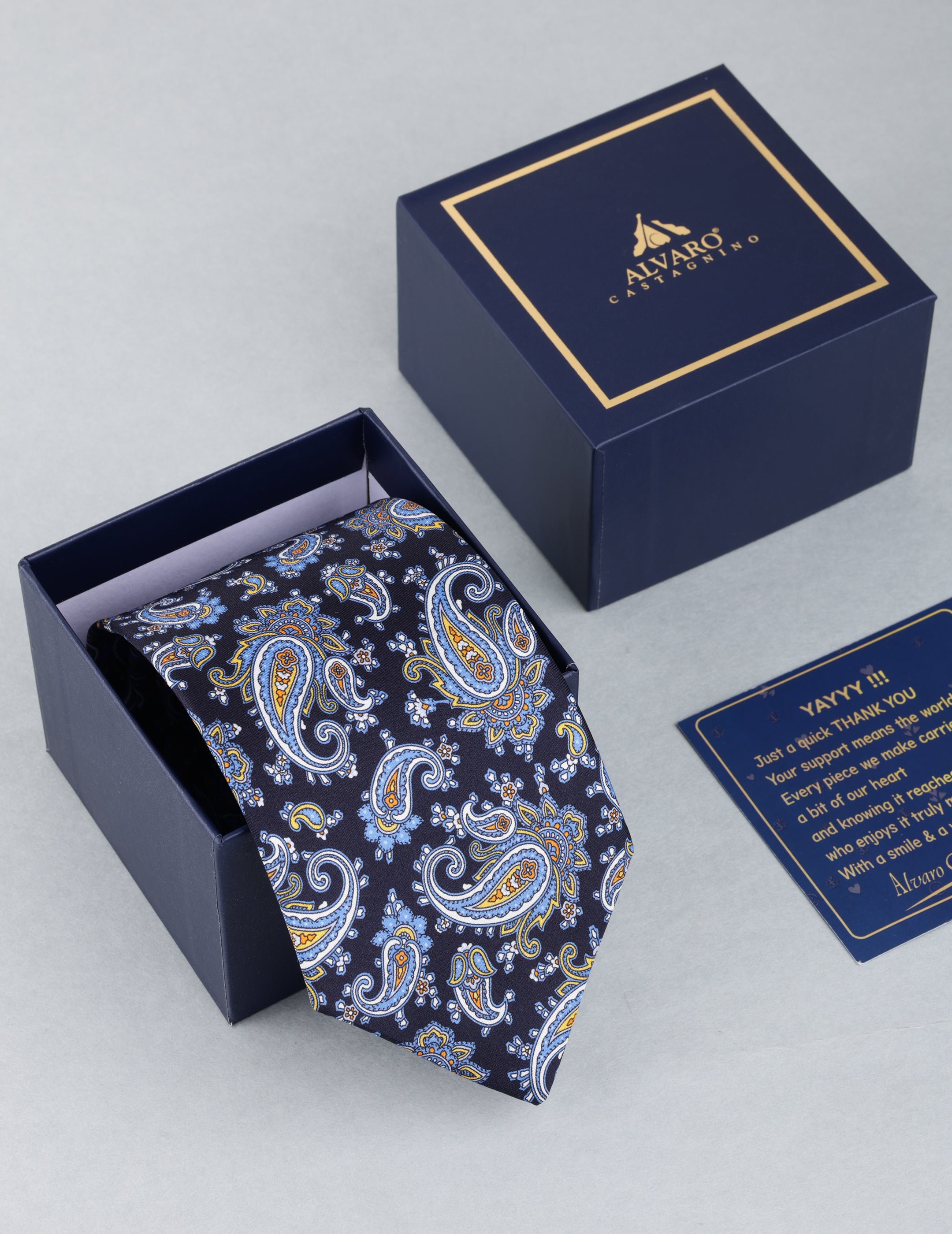 Paisley patterned tie in a branded box on a light gray background