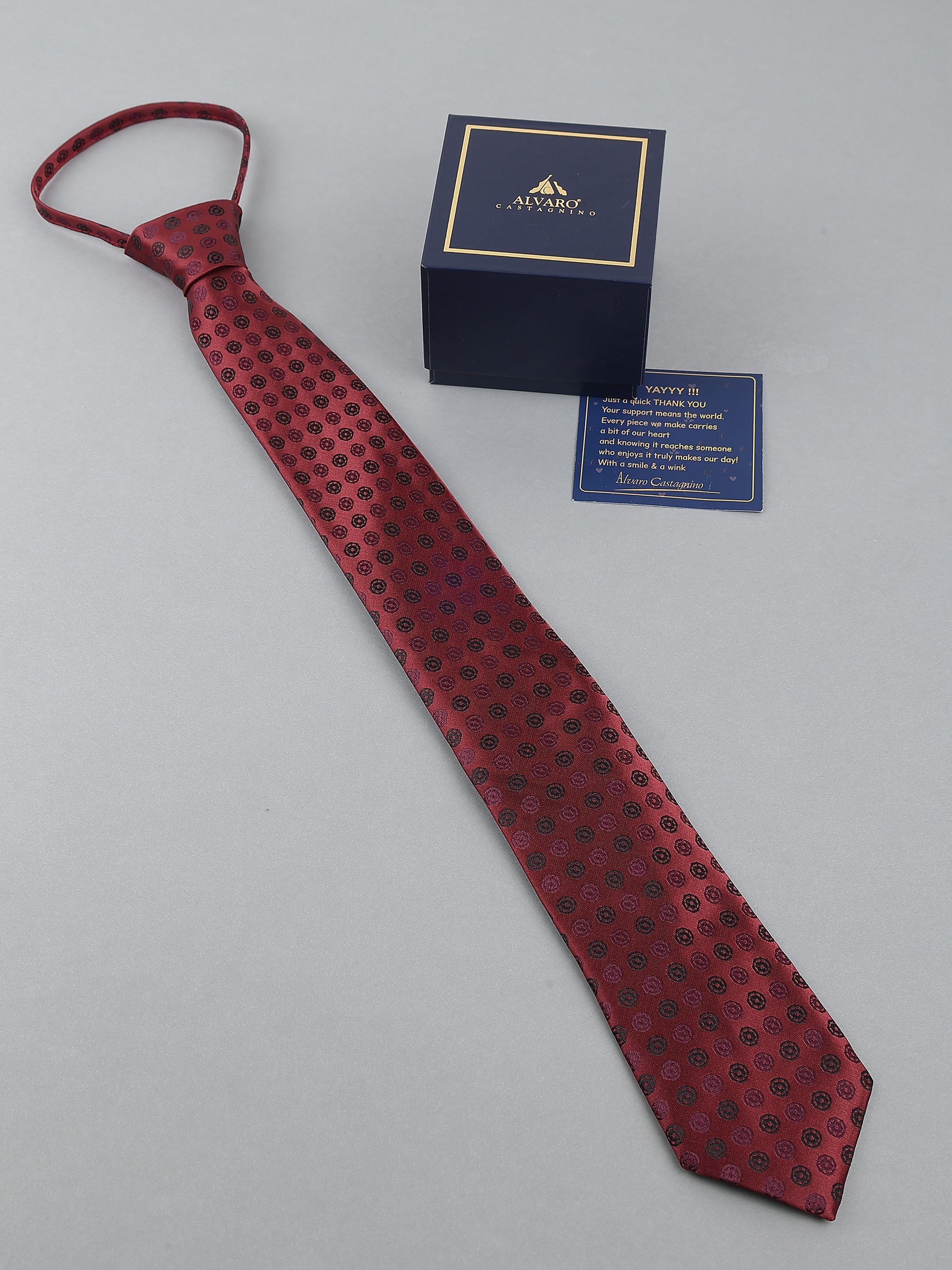 Burgundy Medallion Print Zipper Tie