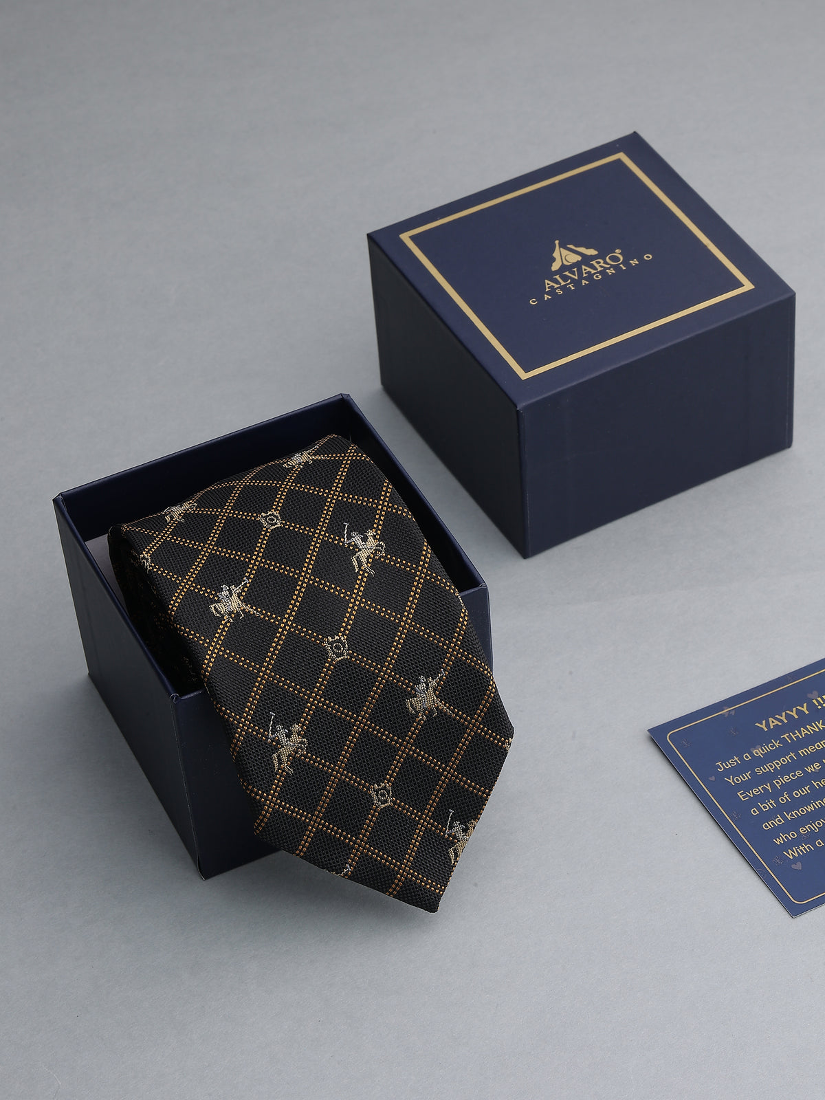 Aristocratic Black and Gold Windowpane Polo Player Necktie