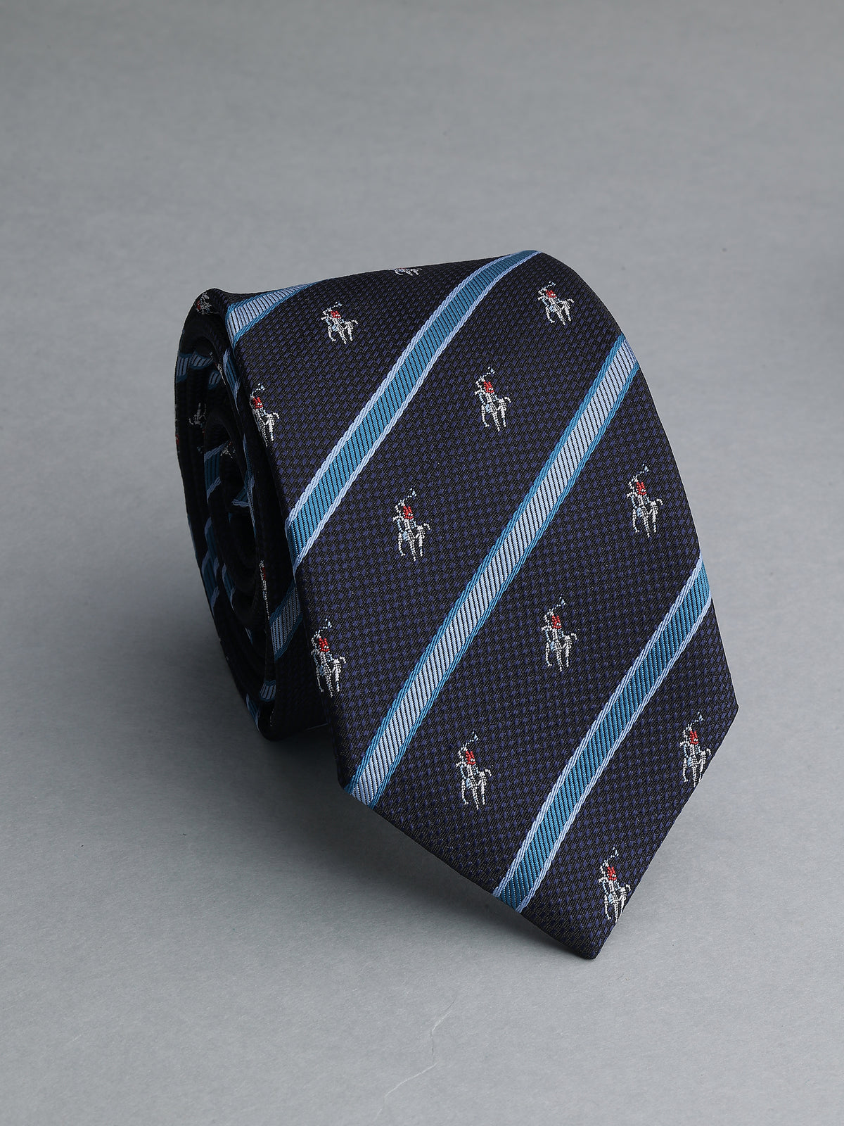 Navy Striped Polo Player Microfiber Necktie