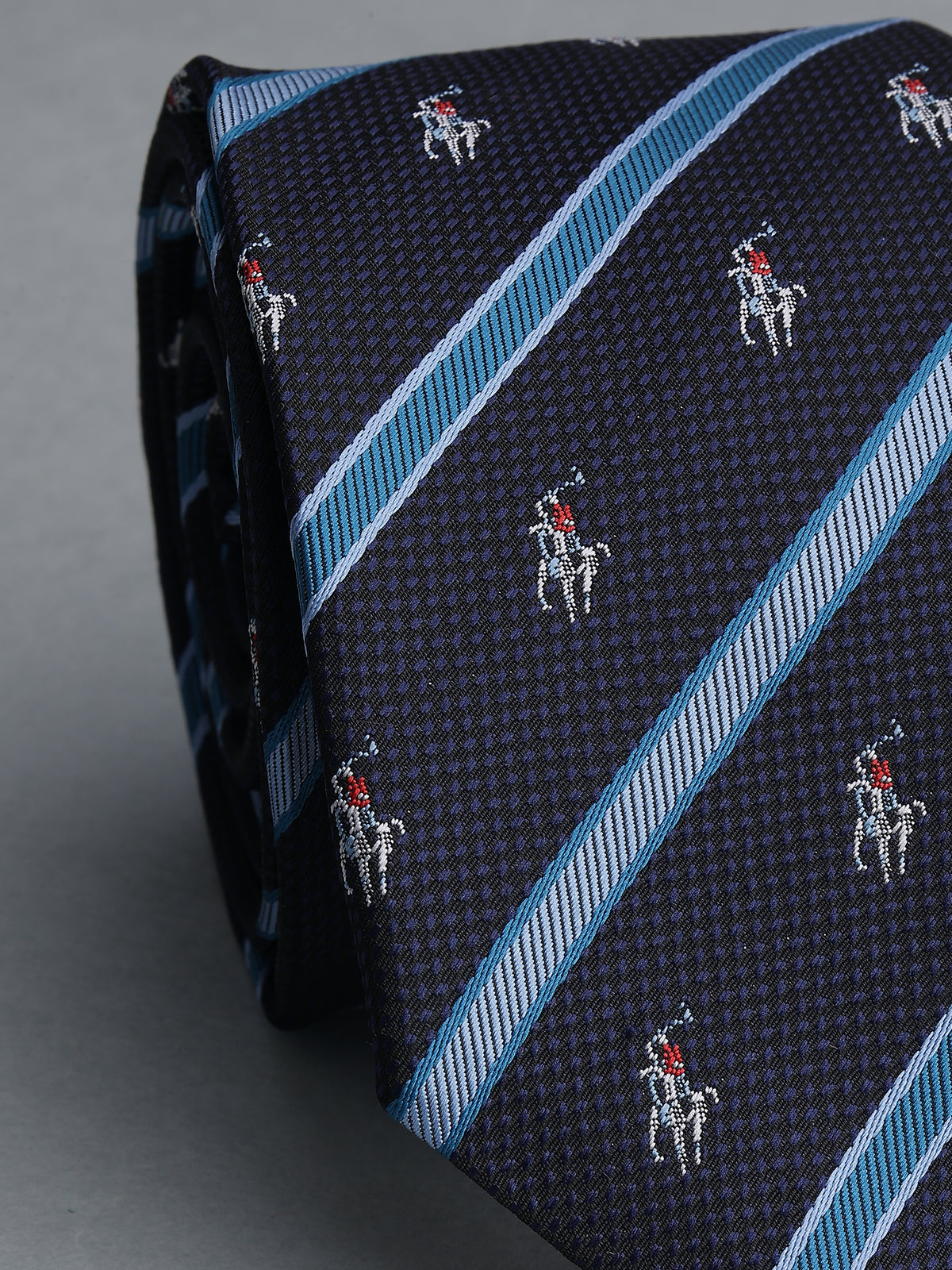 Navy Striped Polo Player Microfiber Necktie