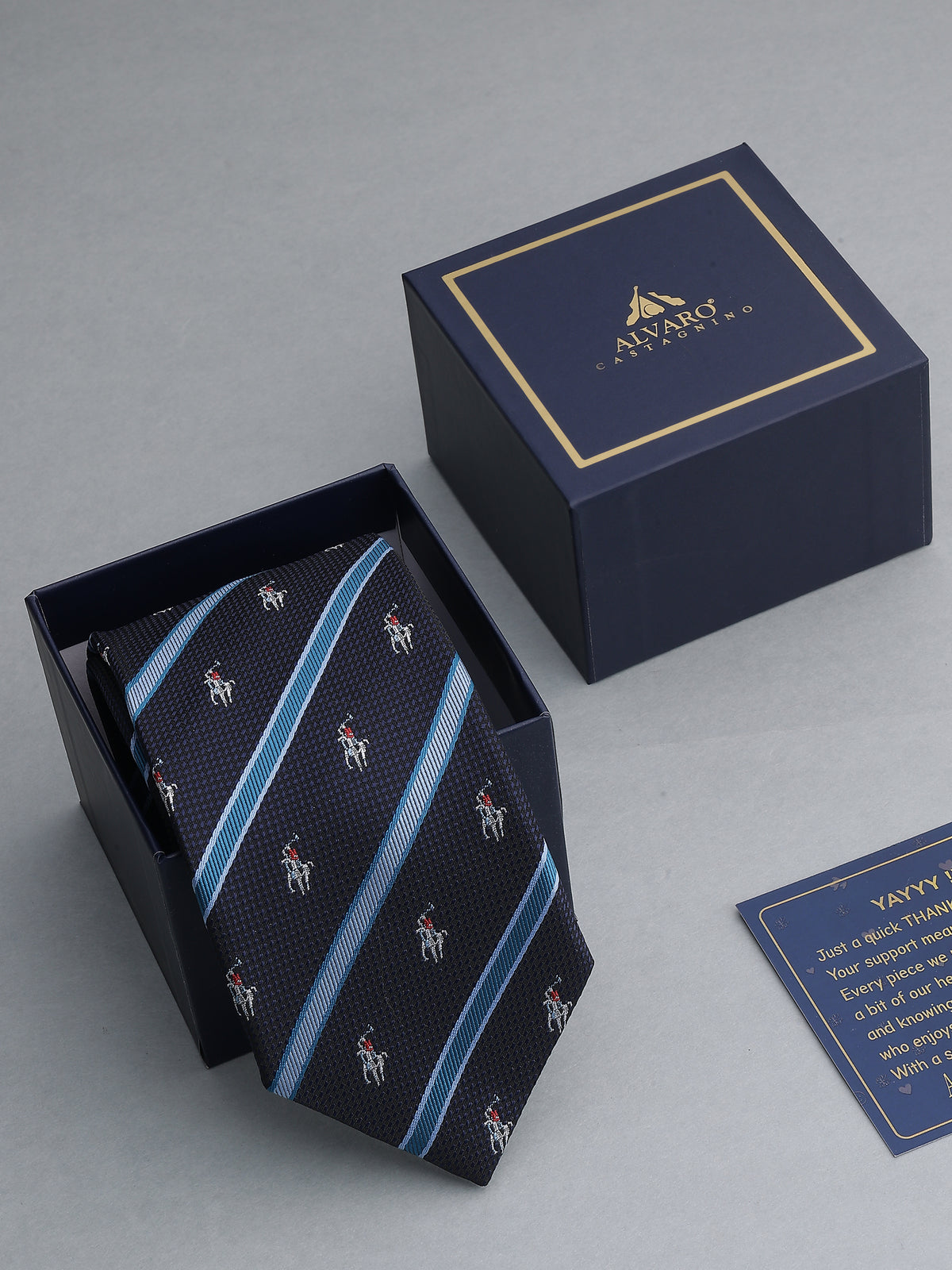 Navy Striped Polo Player Microfiber Necktie
