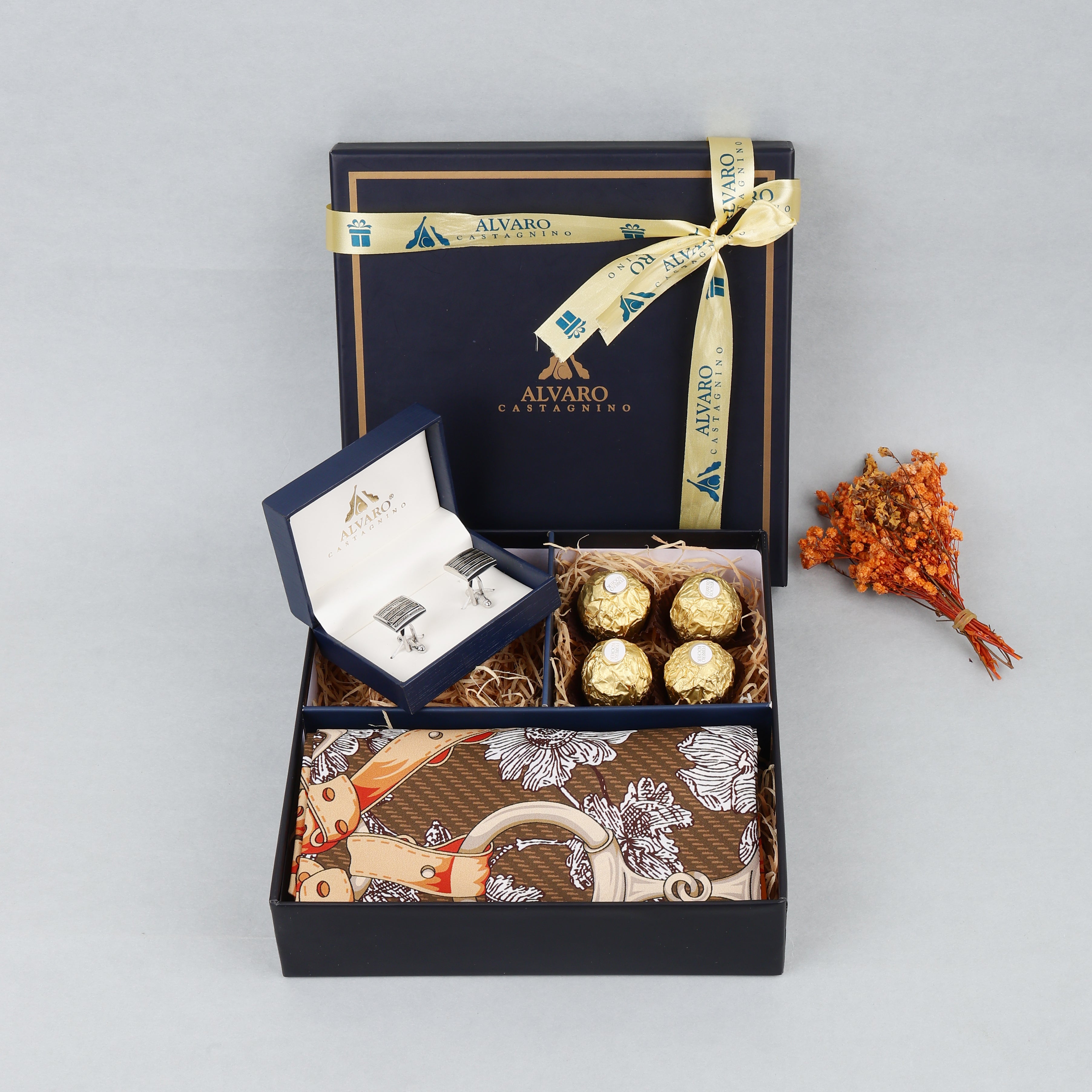 Scarf with Cufflinks & Chocolates Gift Set