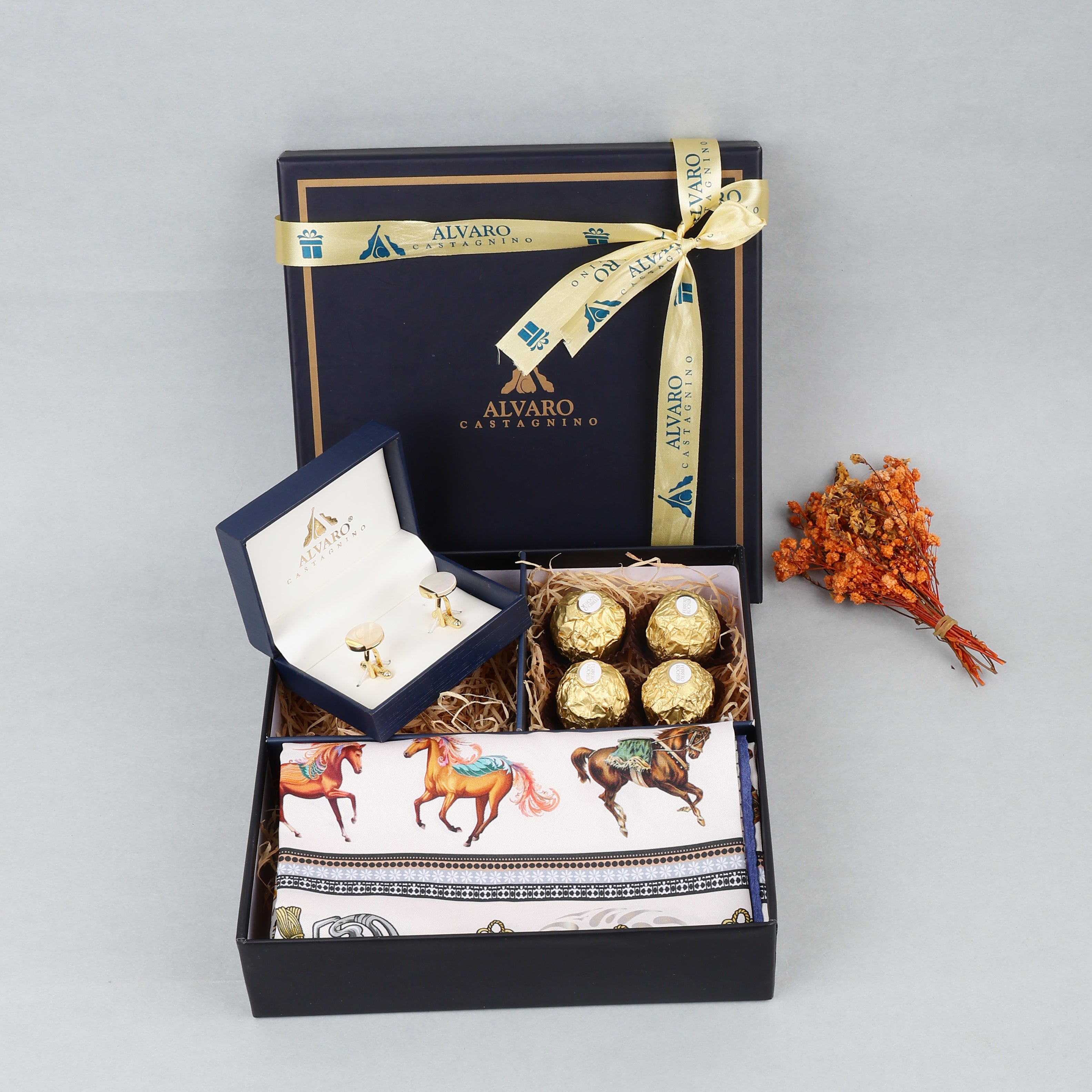 Horse Print Scarf, Cufflinks & Chocolates Gift Set