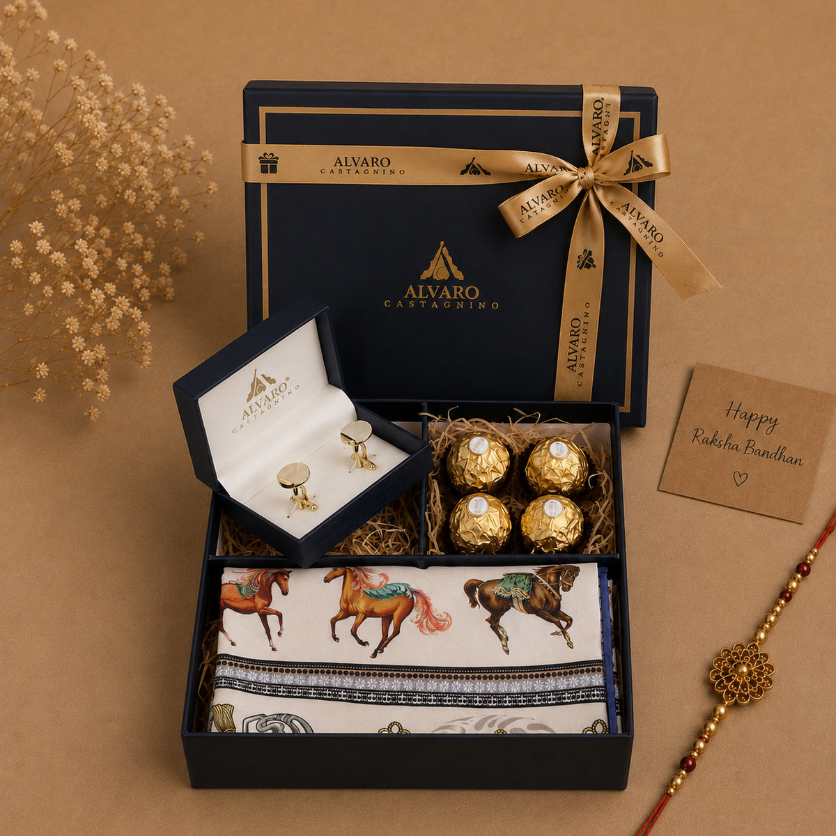 Men Horse Print Scarf, Cufflinks & Chocolates Gift Set