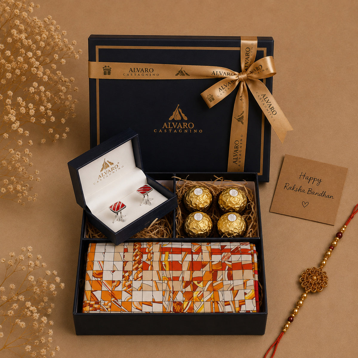 Men Geometric Print Scarf, Cufflinks & Chocolates Gift Set