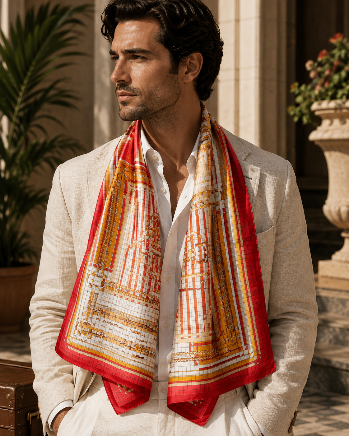 Men Geometric Print Scarf, Cufflinks & Chocolates Gift Set
