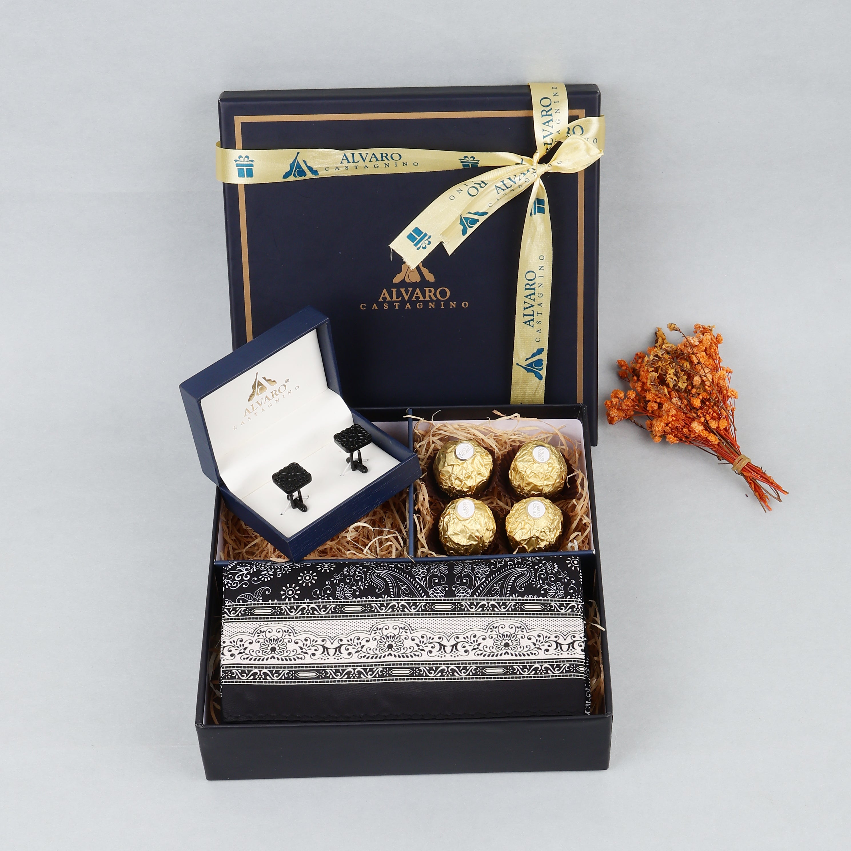 Paisley Scarf, Black Cufflinks & Chocolates Gift Set