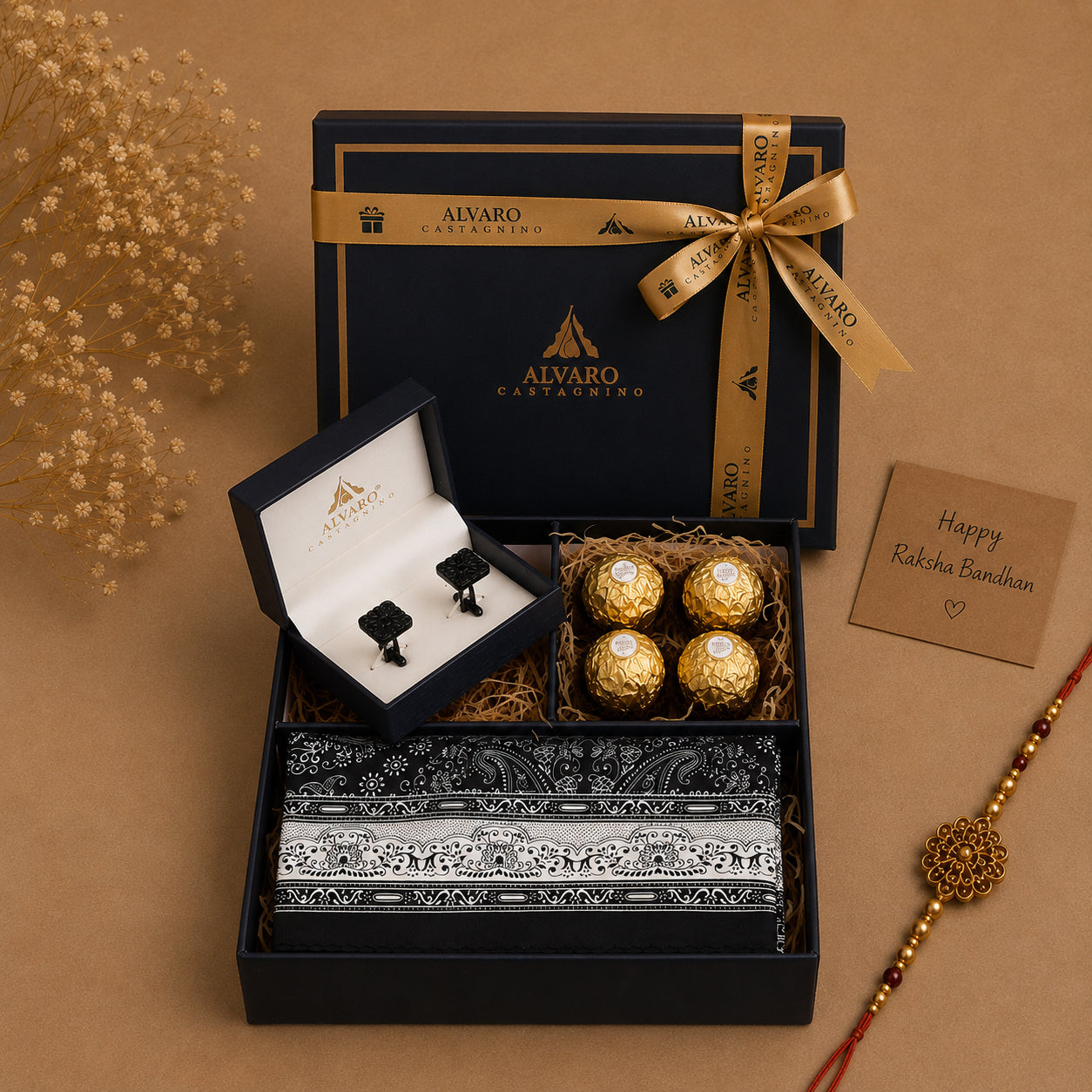 Men Paisley Scarf, Black Cufflinks & Chocolates Gift Set