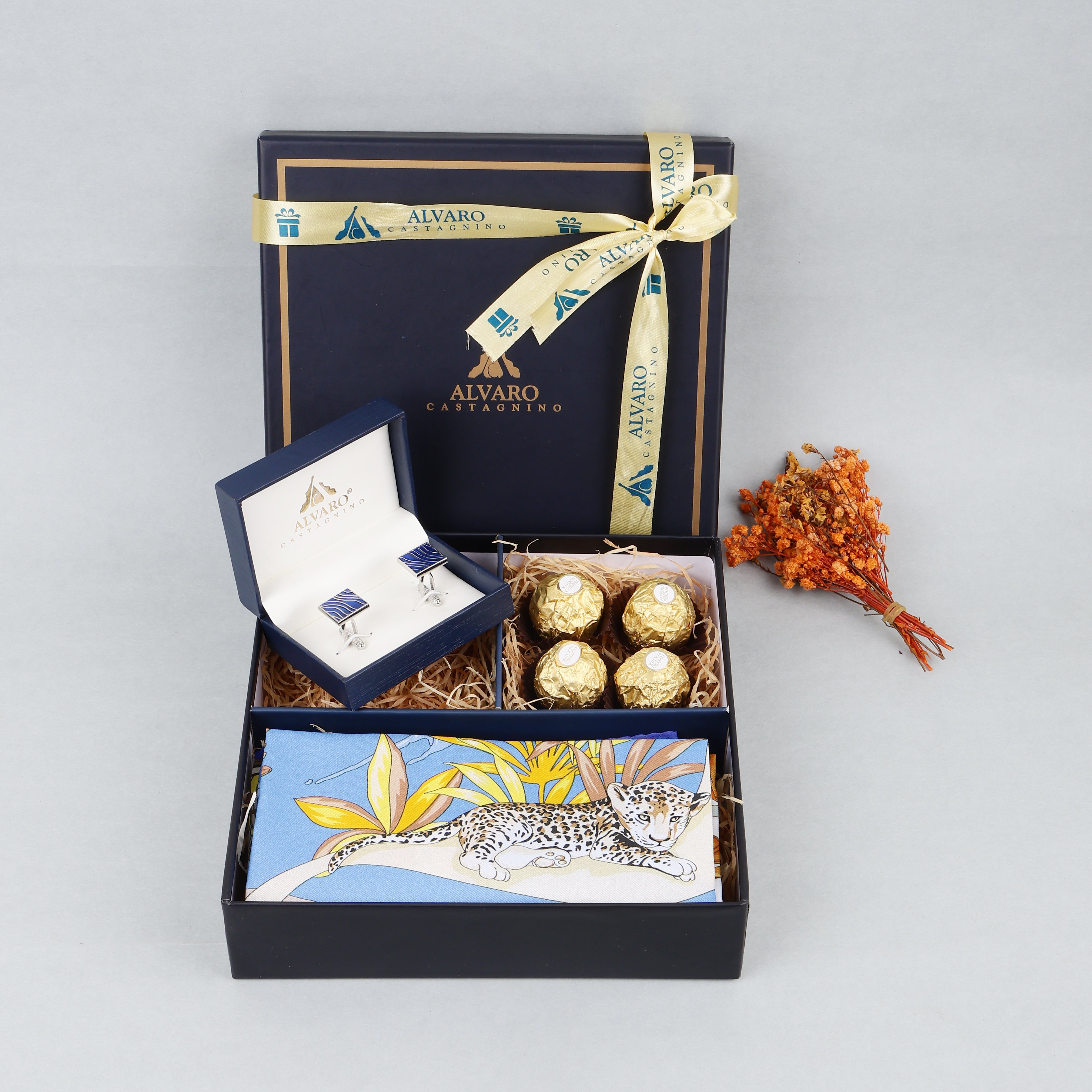 Leopard Print Scarf, Blue Cufflinks & Chocolates Gift Set