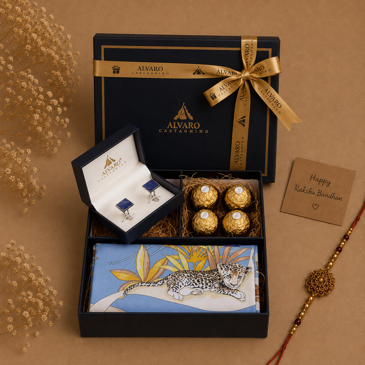 Men Leopard Print Scarf, Blue Cufflinks & Chocolates Gift Set