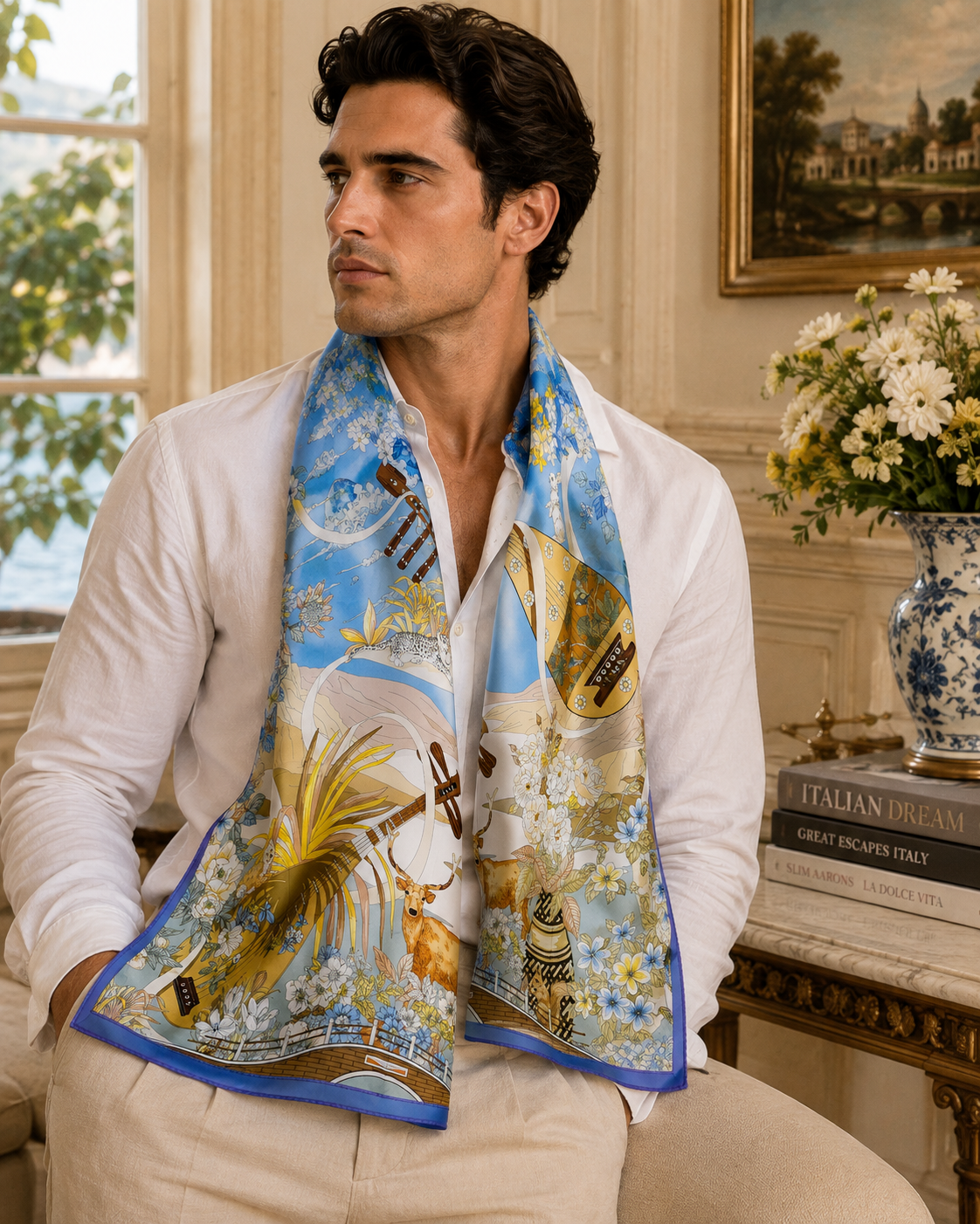 Men Leopard Print Scarf, Blue Cufflinks & Chocolates Gift Set