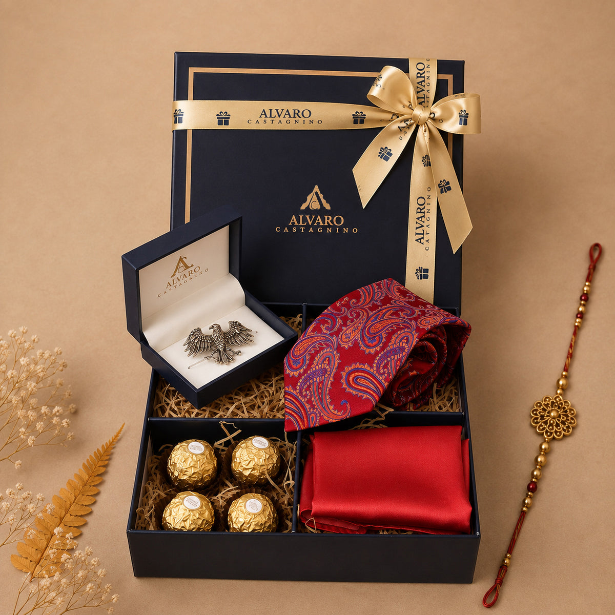 Paisley Tie, Pocket Square, Eagle Lapel Pin & Chocolates Gift Set
