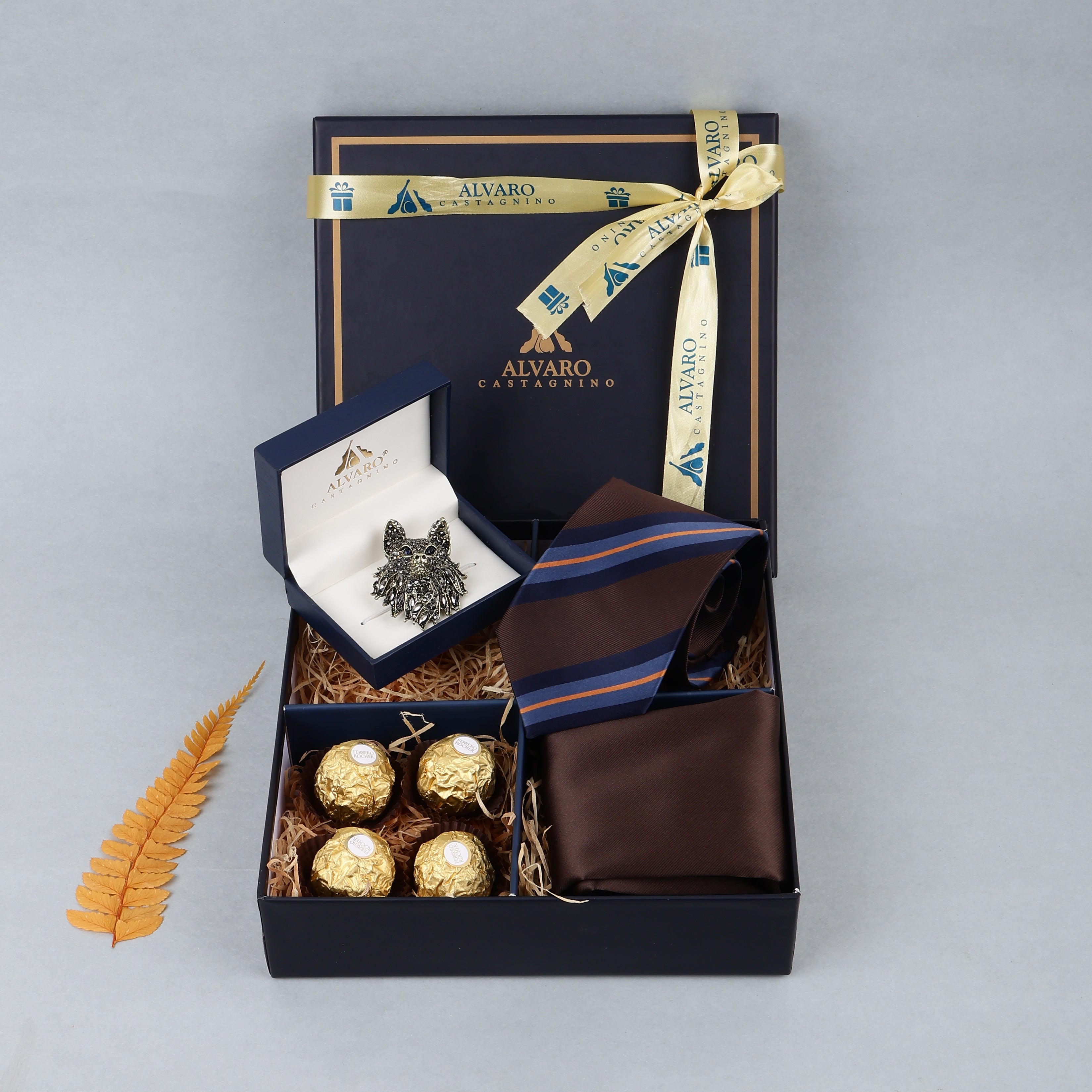 Striped Tie, Pocket Square, Eagle Lapel Pin & Chocolates Gift Set