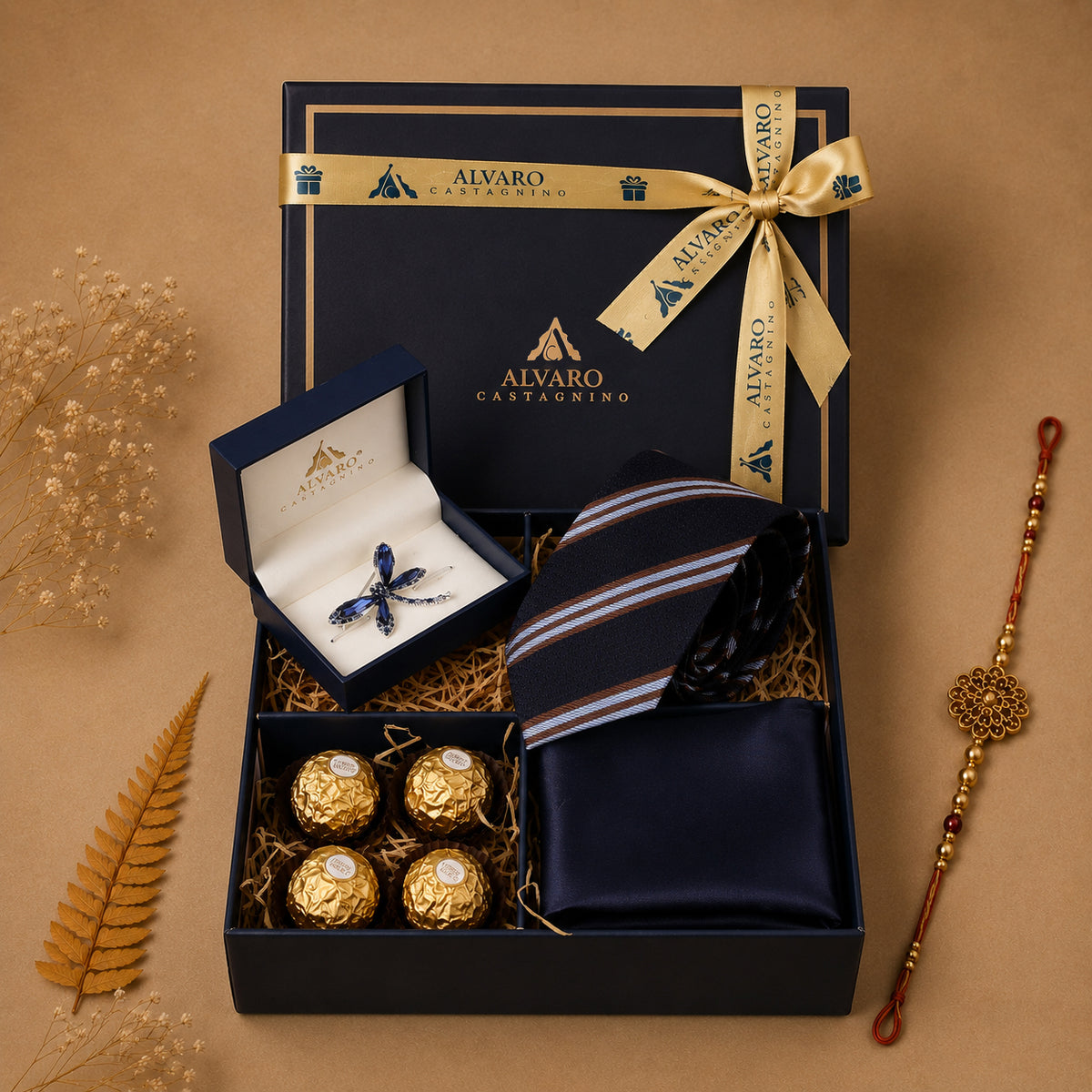 Navy Striped Tie, Pocket Square, Lapel Pin & Chocolates Gift Set