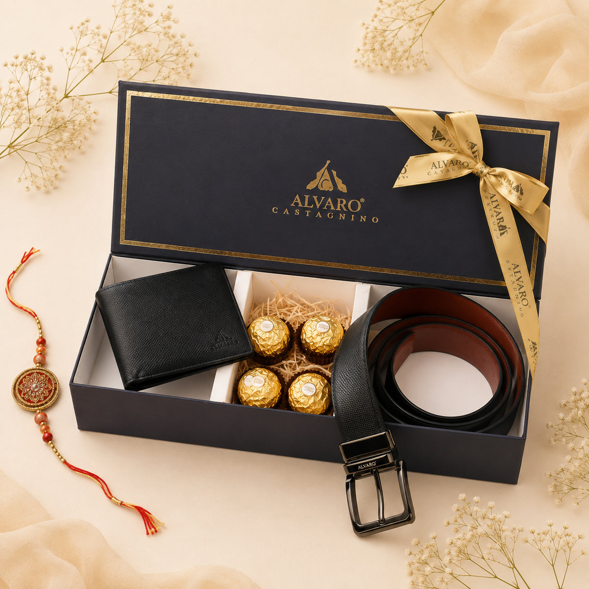 Micro-Patterned Leather Belt, Wallet & Chocolates Gift Box Set