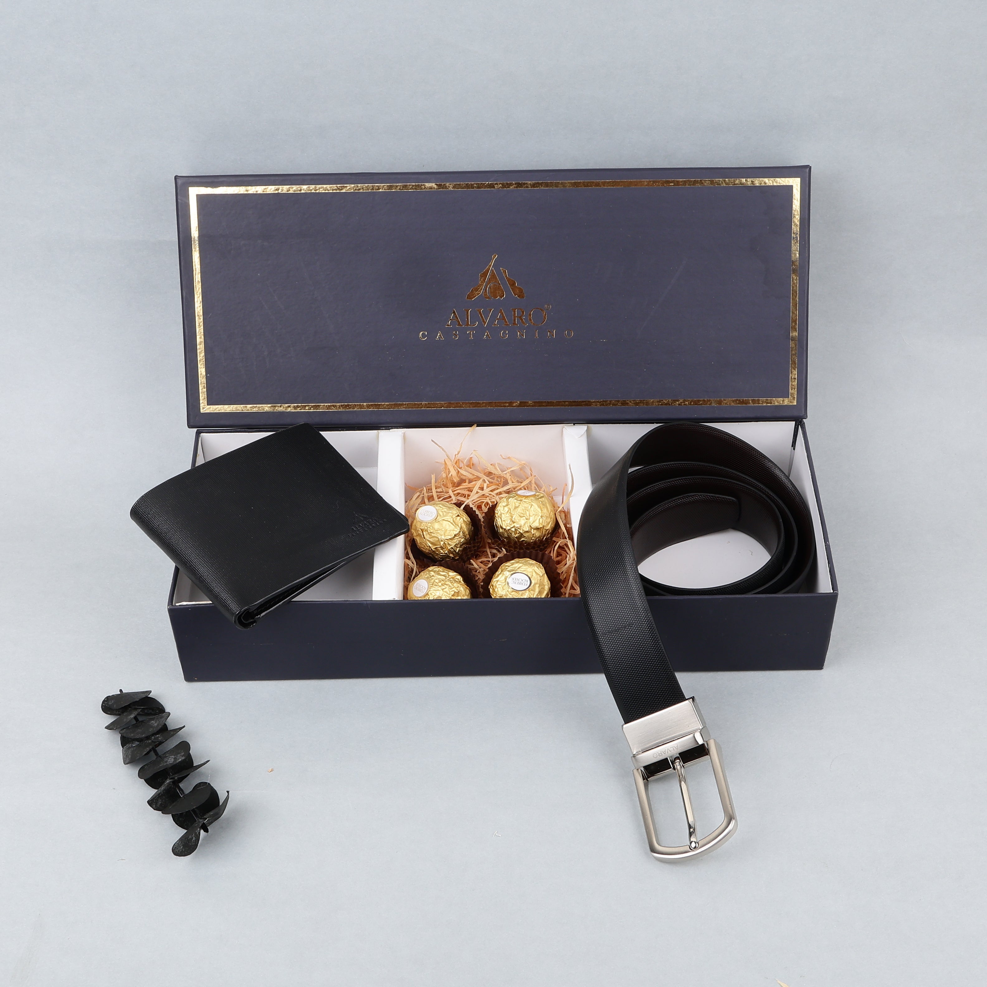 Saffiano Textured Leather Belt, Wallet & Chocolates Gift Box Set