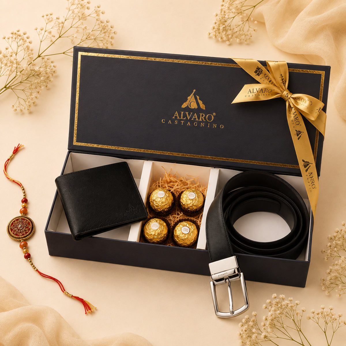 Saffiano Textured Leather Belt, Wallet & Chocolates Gift Box Set