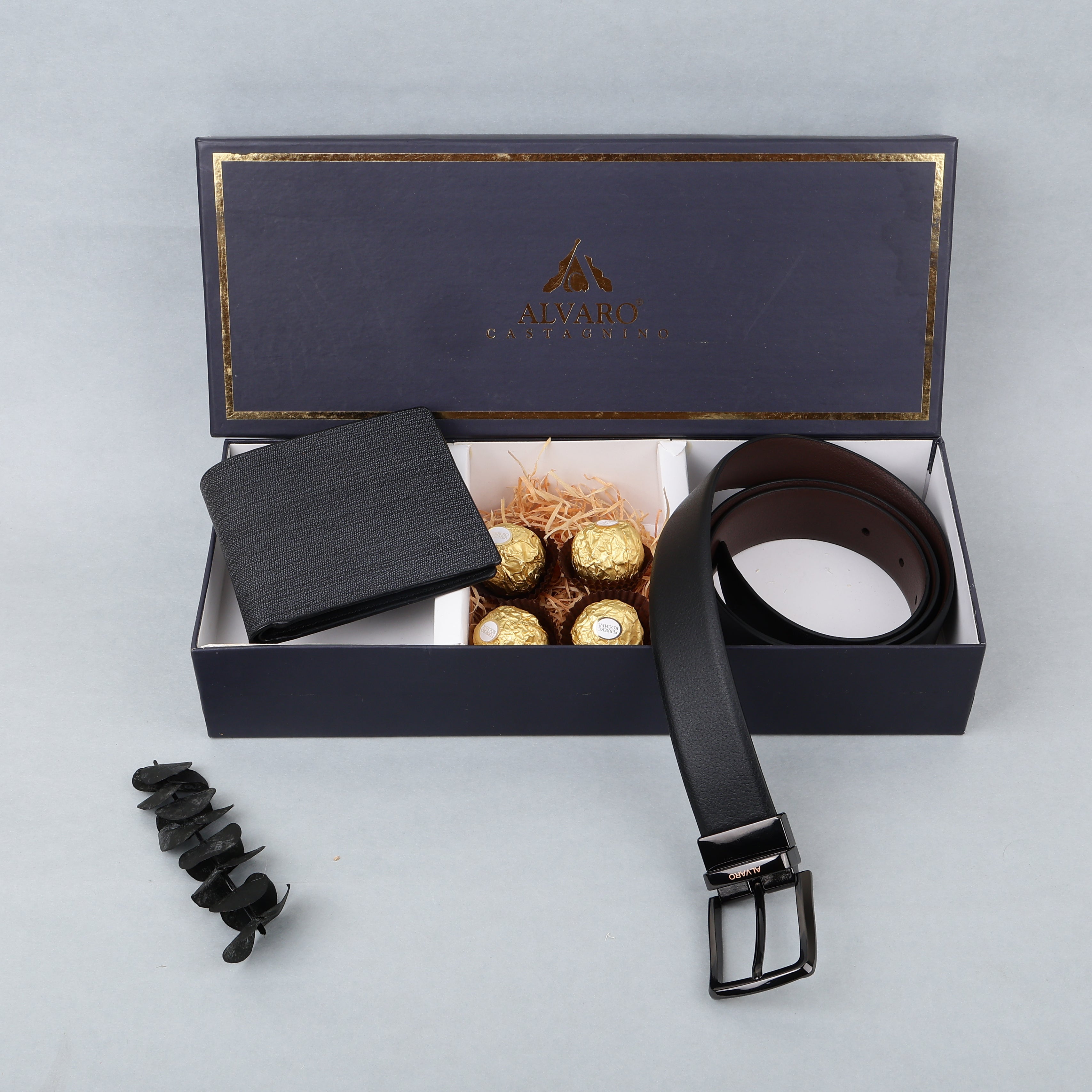 Fine-Grain Leather Belt, Wallet & Chocolates Gift Box Set
