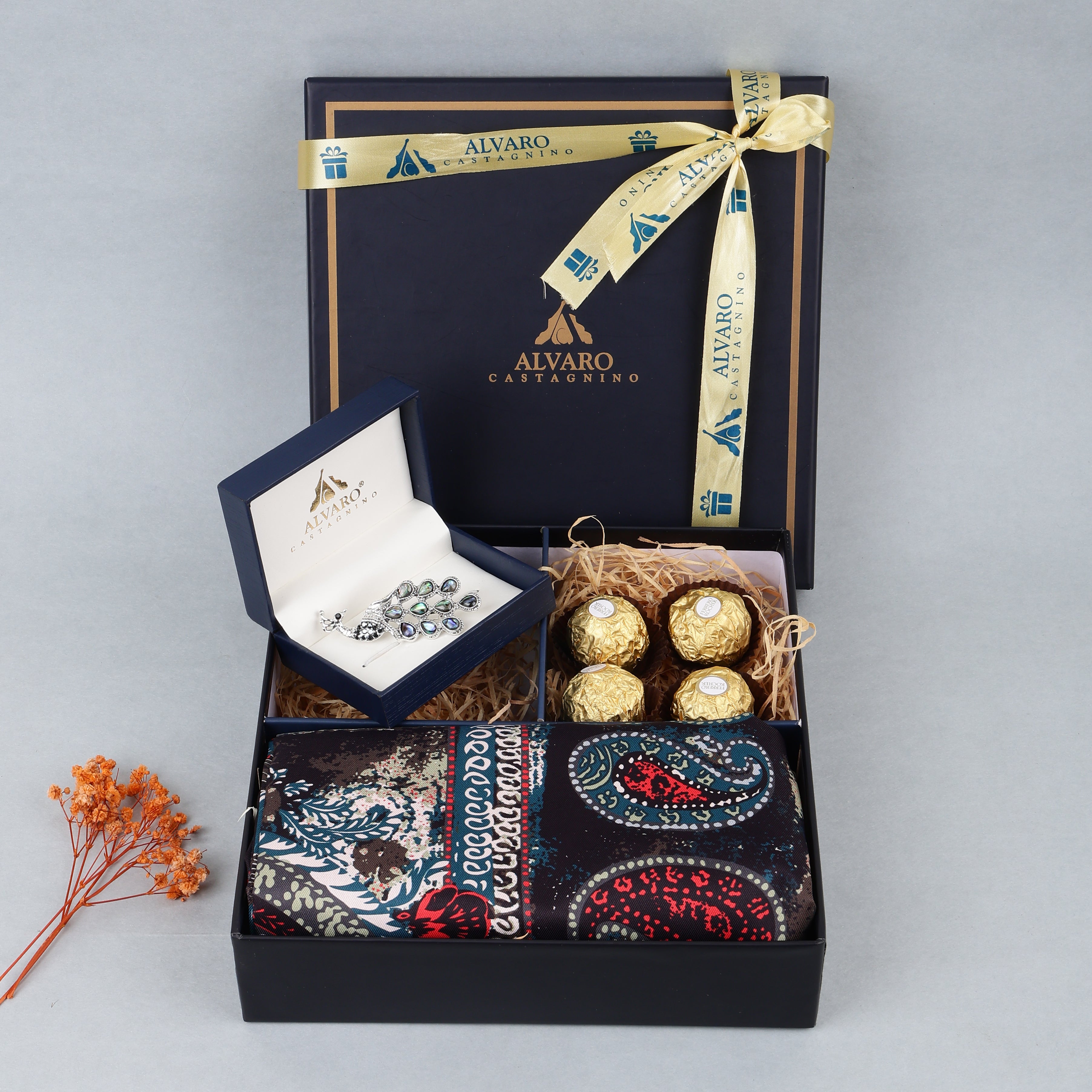 Printed Scarf, Peacock Brooch & Chocolates Gift Box Set