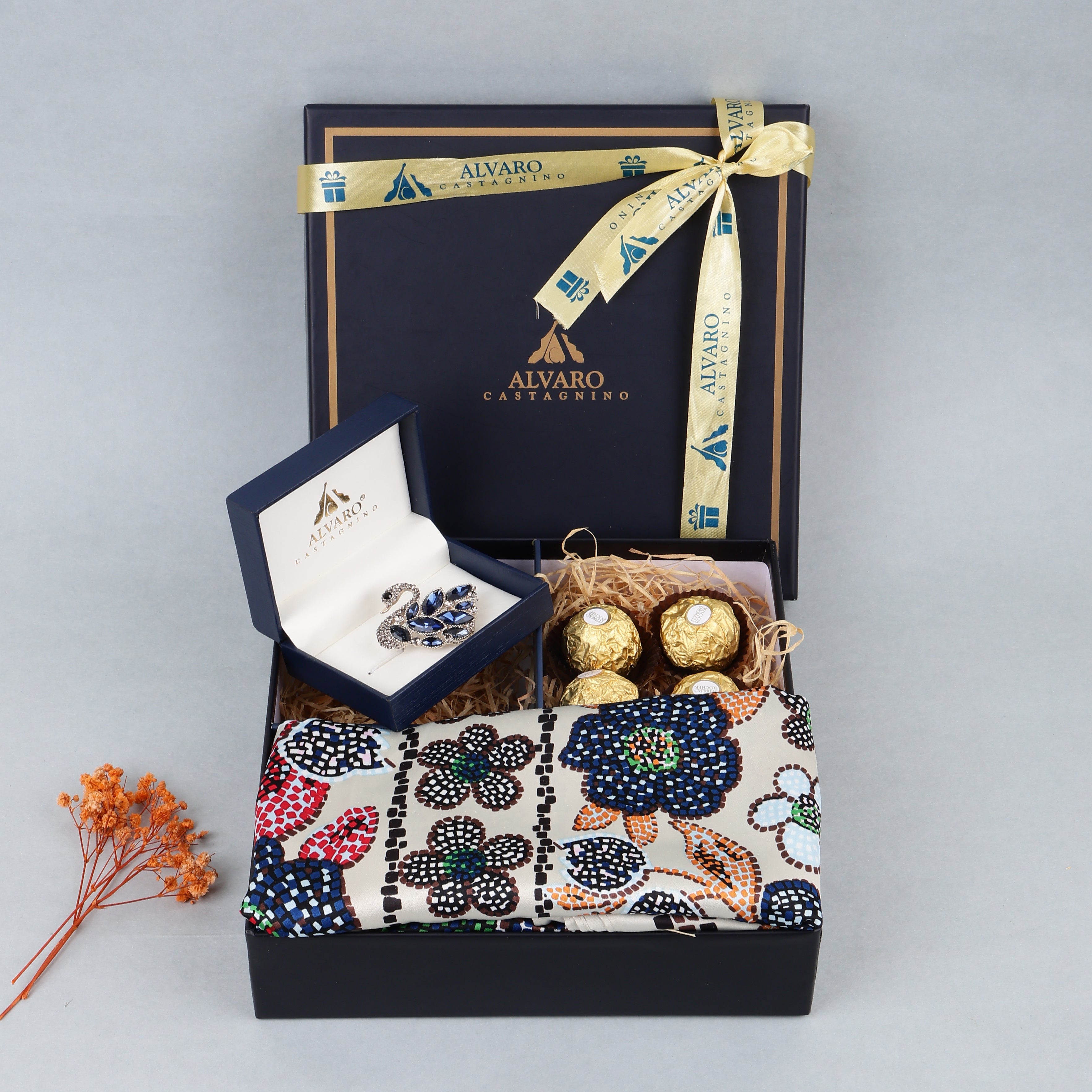 Printed Scarf, Sapphire Swan Brooch & Chocolates Gift Box Set