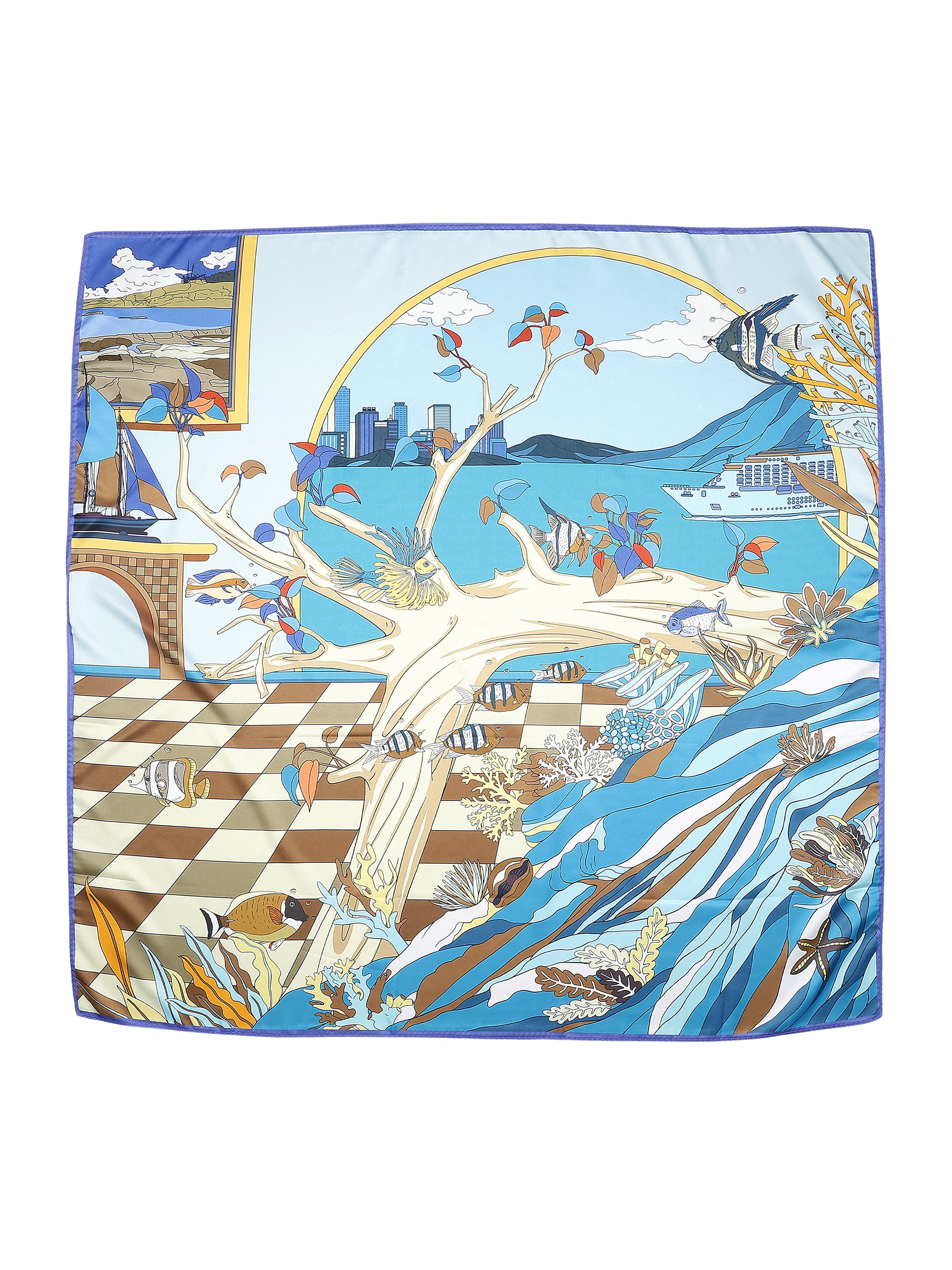 Blue & Multicolour Abstract Scenic Printed with Solid Border Stole