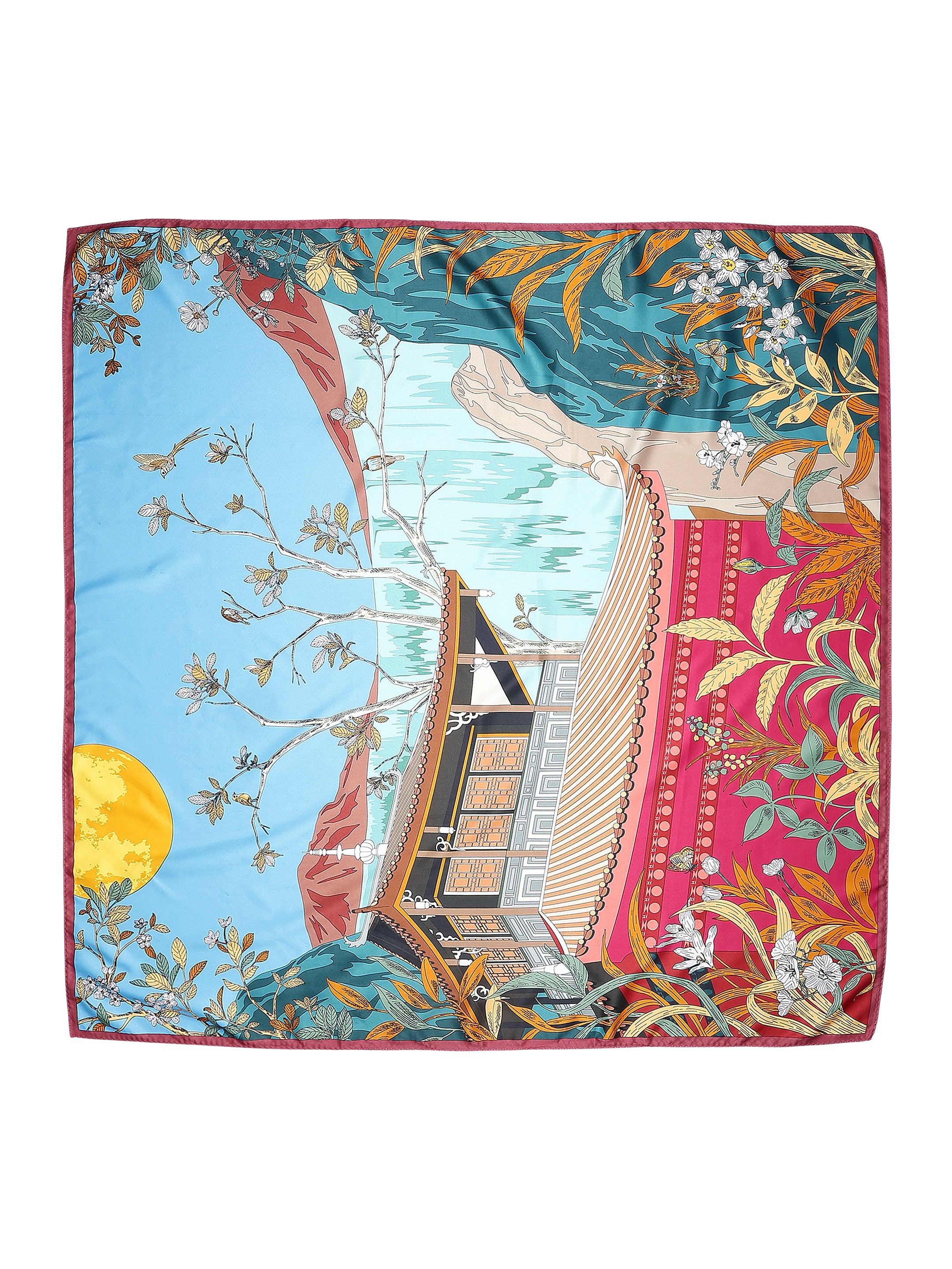 Blue & Pink Abstract Scenic Printed with Solid Border Stole