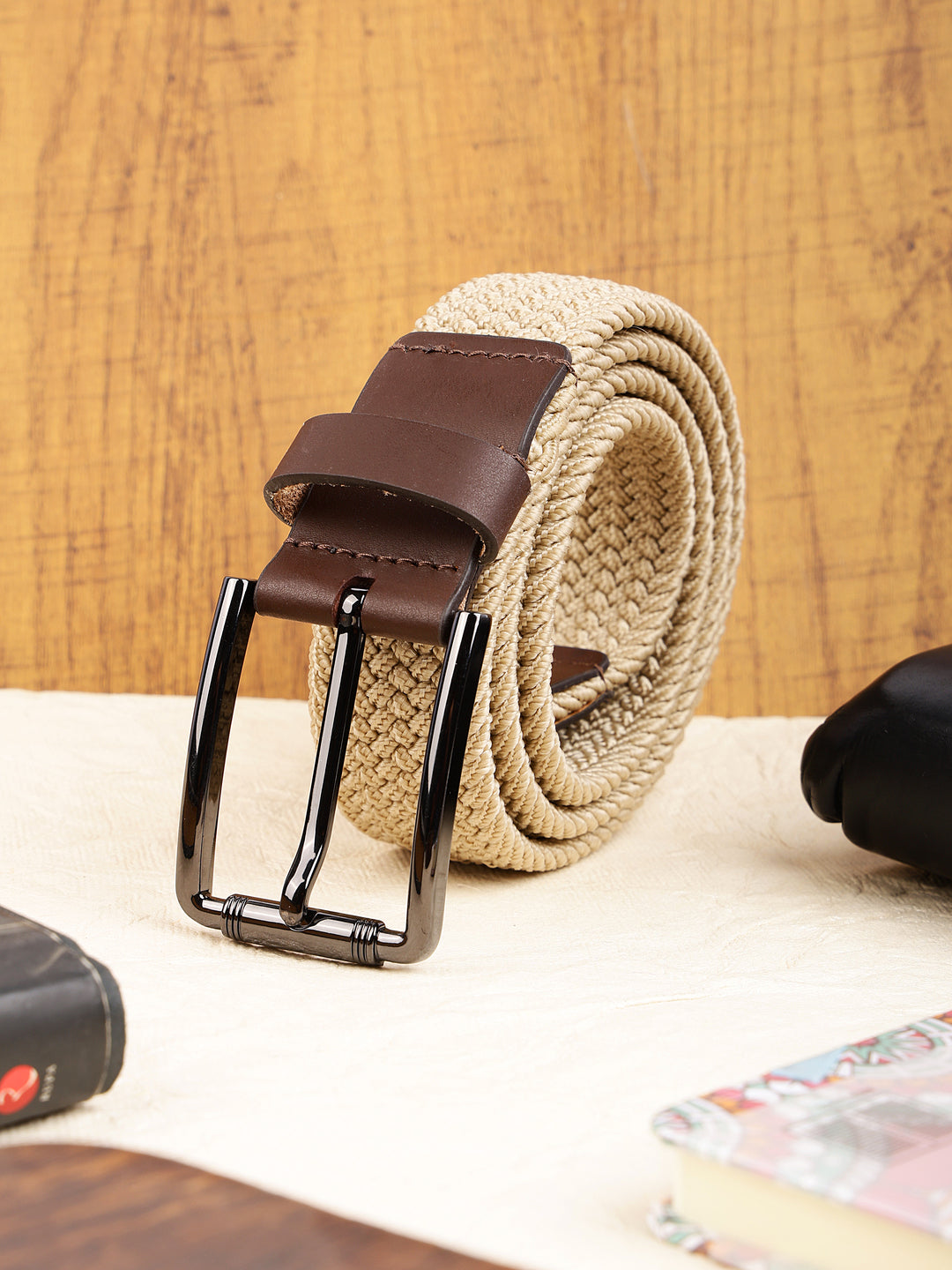 Beige Braided Elastic Stretch Belt