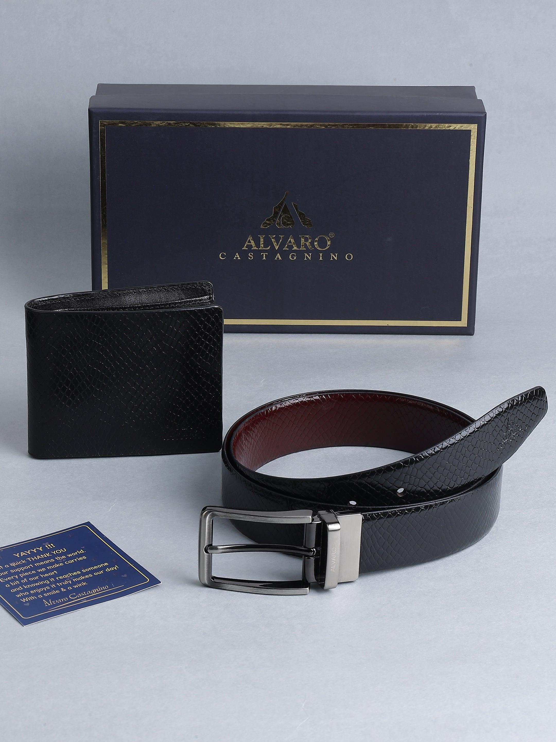 Black Textured Leather Belt & Wallet Gift Set