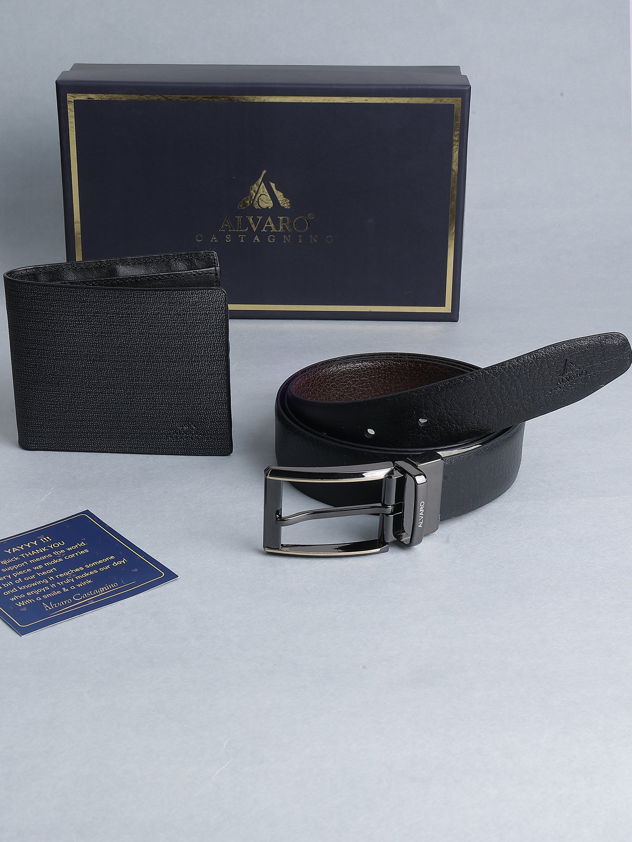 Black Grain Leather Belt & Wallet Gift Set