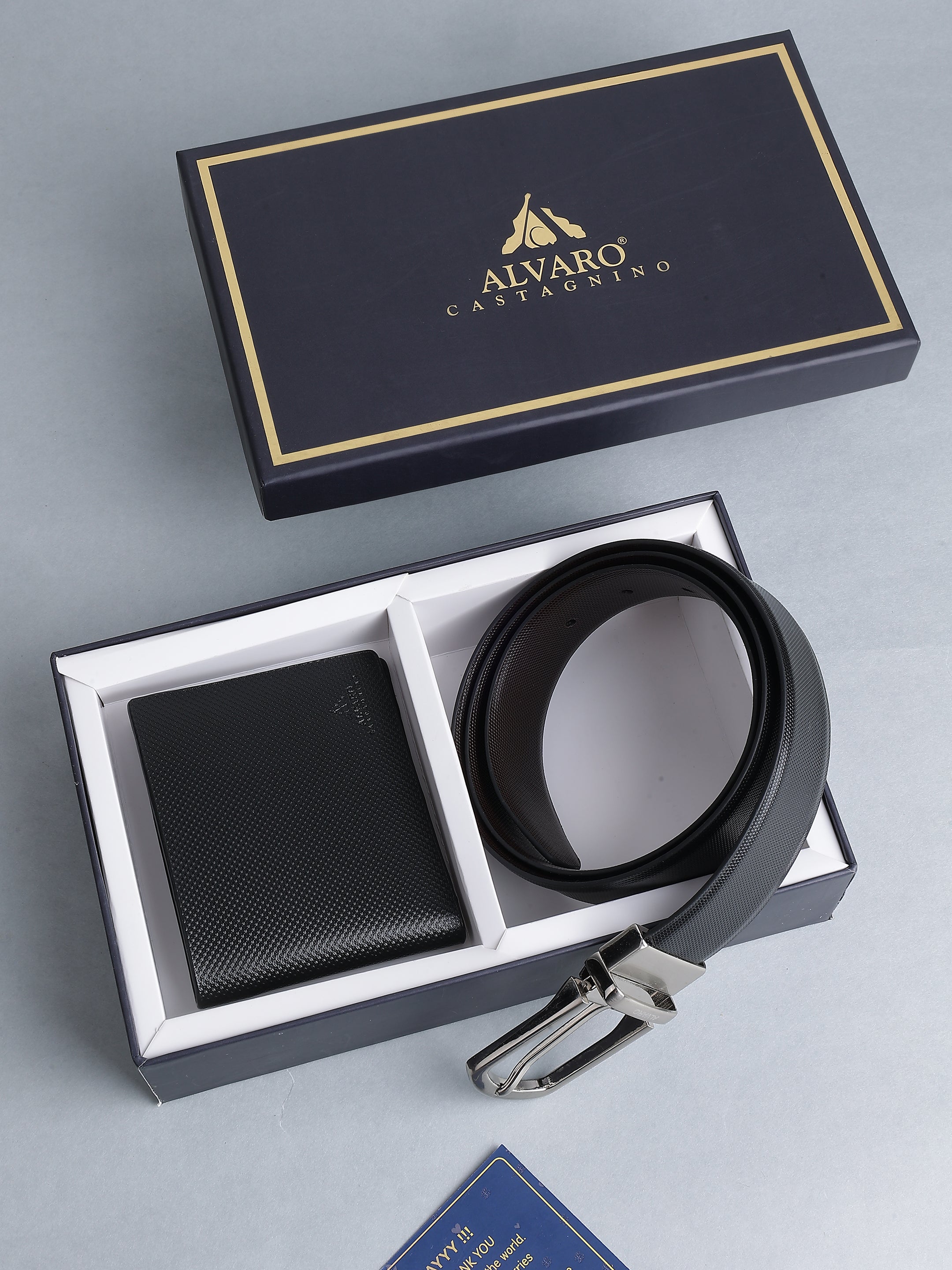 Black Saffiano Texture Belt & Wallet Gift Set