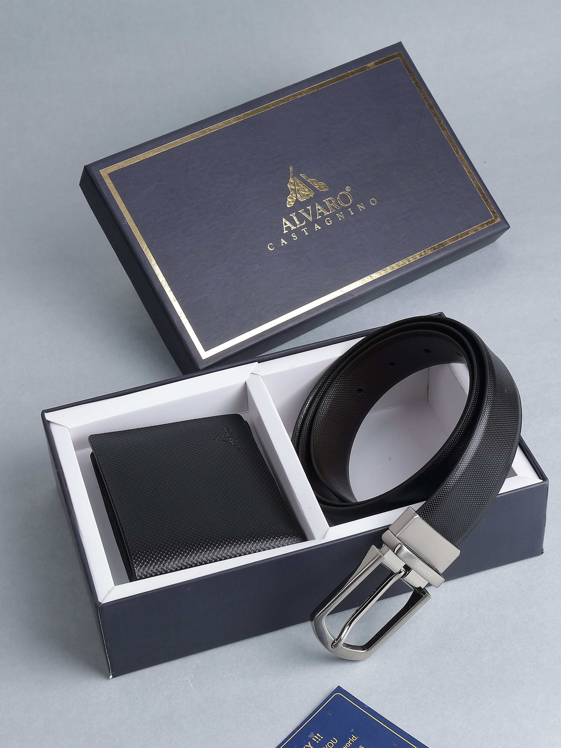 Black Saffiano Texture Belt & Wallet Gift Set