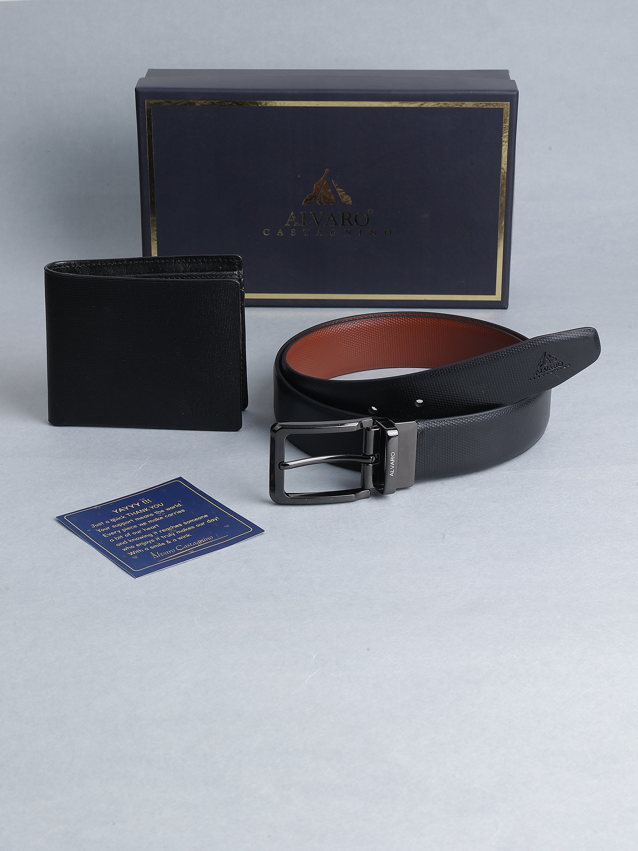 Black Diamond-Pattern Textured Belt & Wallet Gift Set