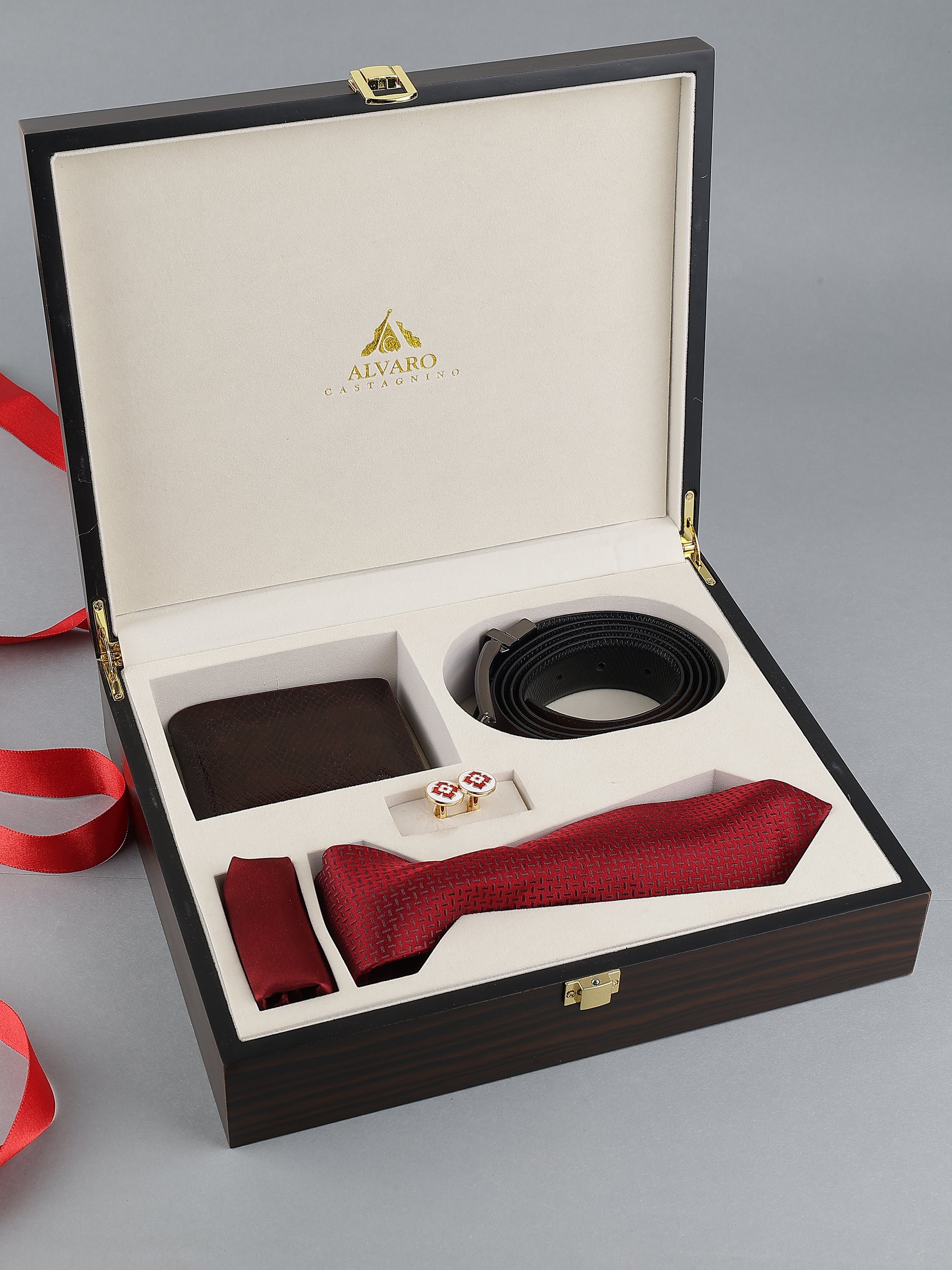 Maroon Silk Necktie Belt & Wallet Leather Gift Set