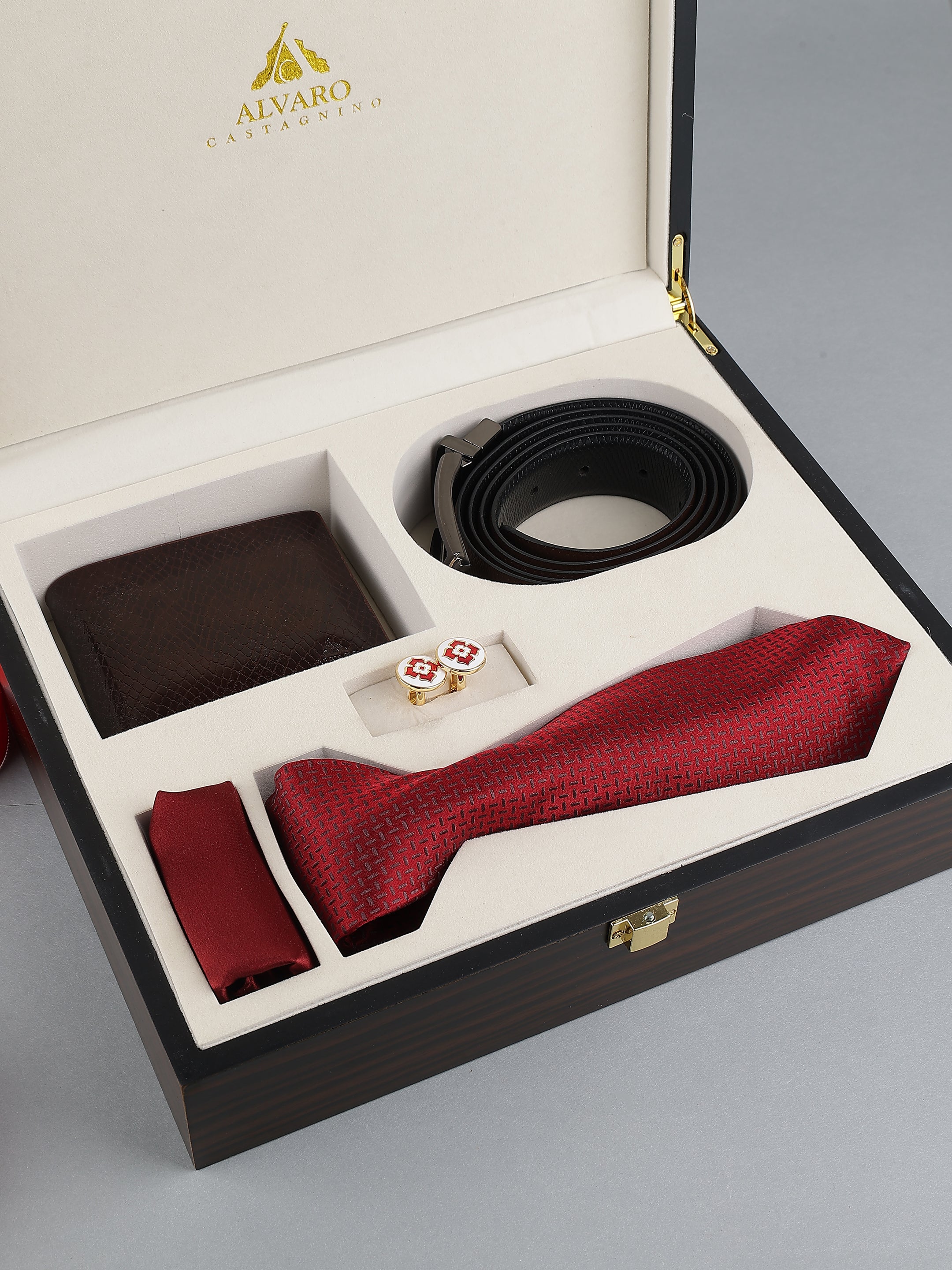 Maroon Silk Necktie Belt & Wallet Leather Gift Set