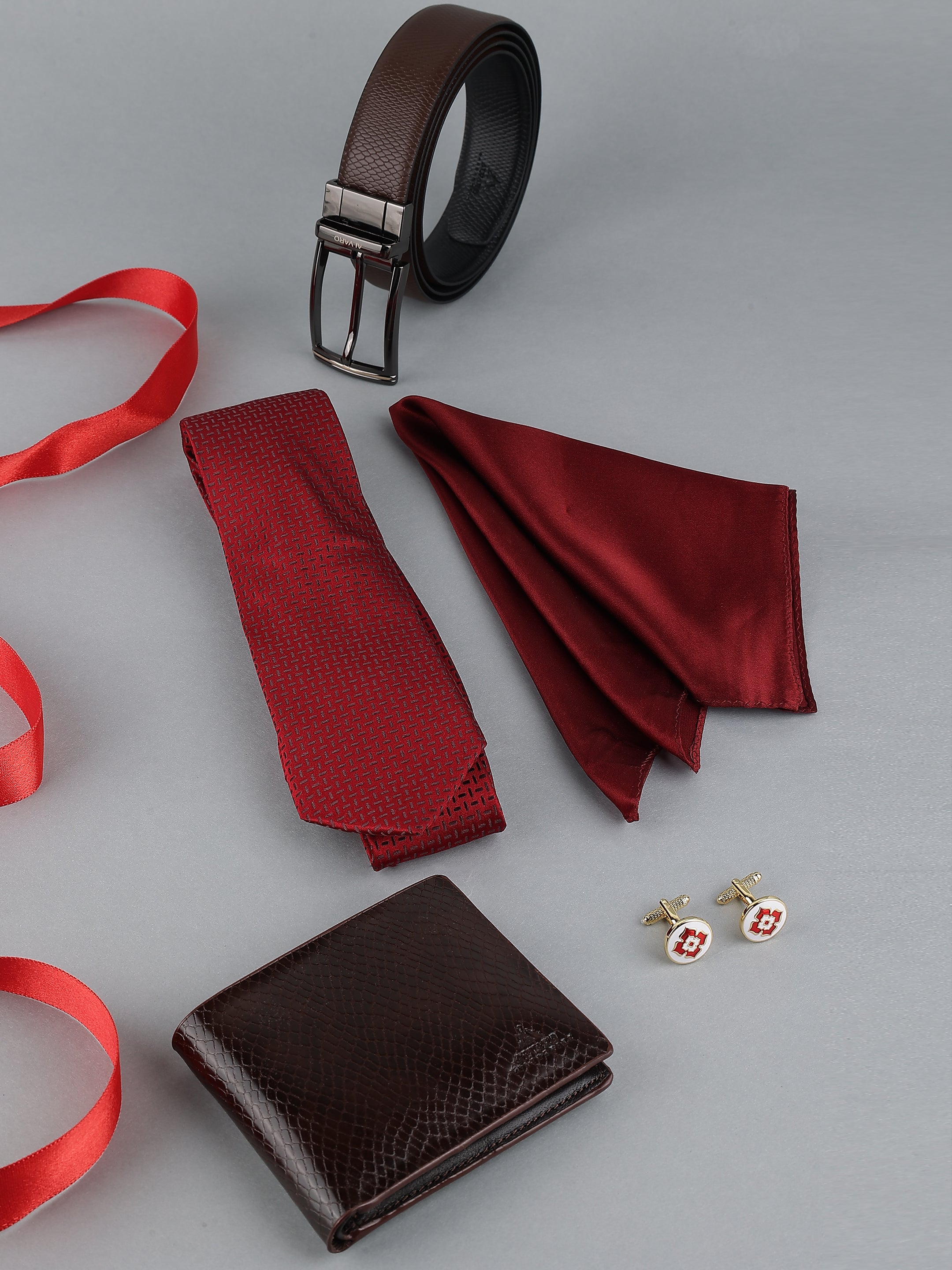 Maroon Silk Necktie Belt & Wallet Leather Gift Set