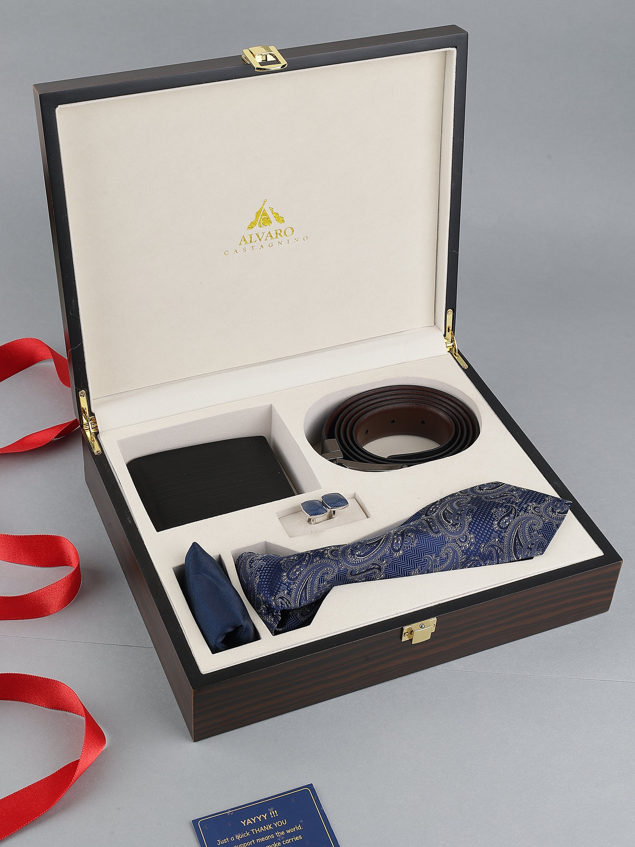 Blue Paisley Silk Necktie Belt & Wallet Leather Gift Set