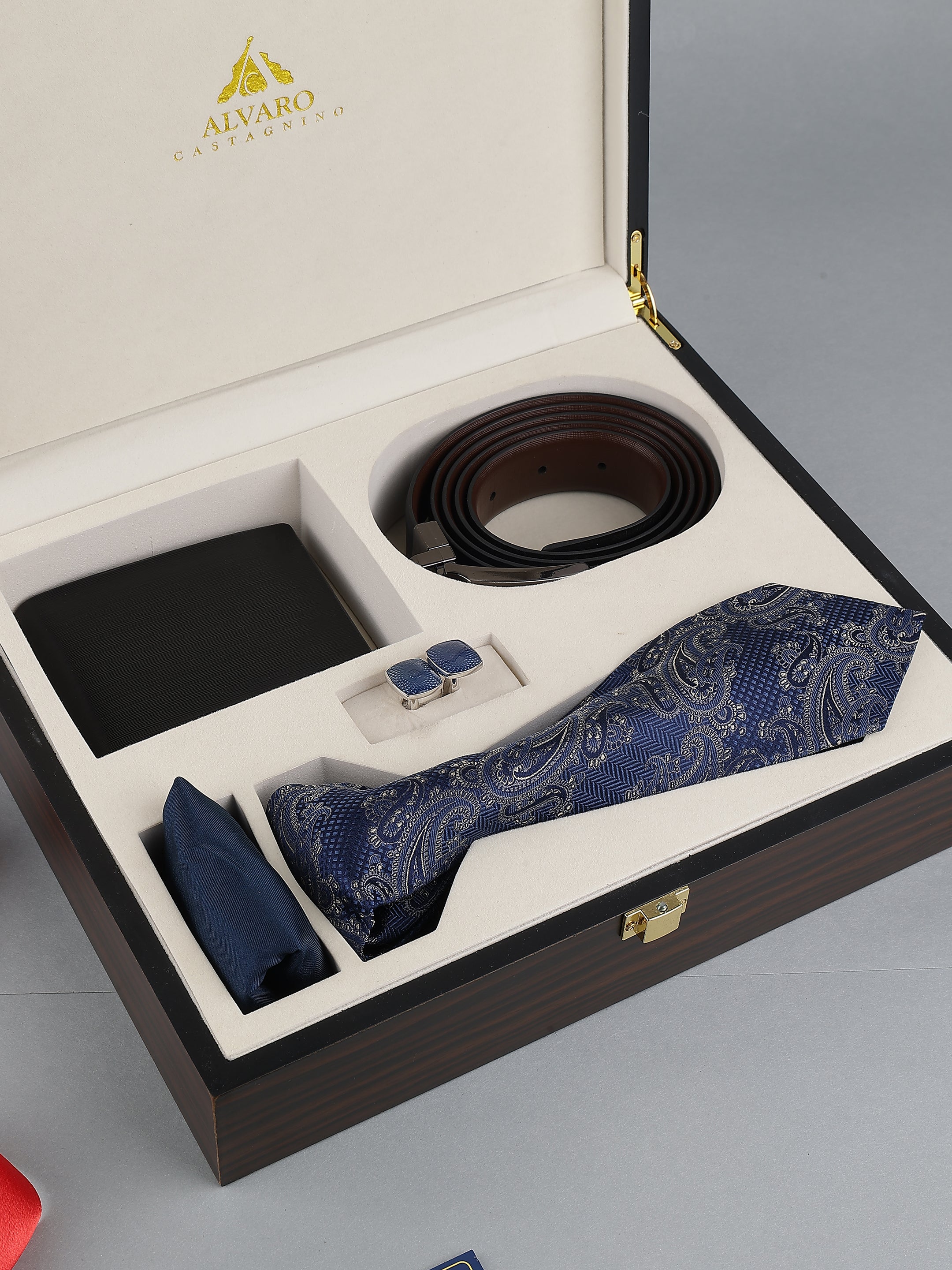 Blue Paisley Silk Necktie Belt & Wallet Leather Gift Set