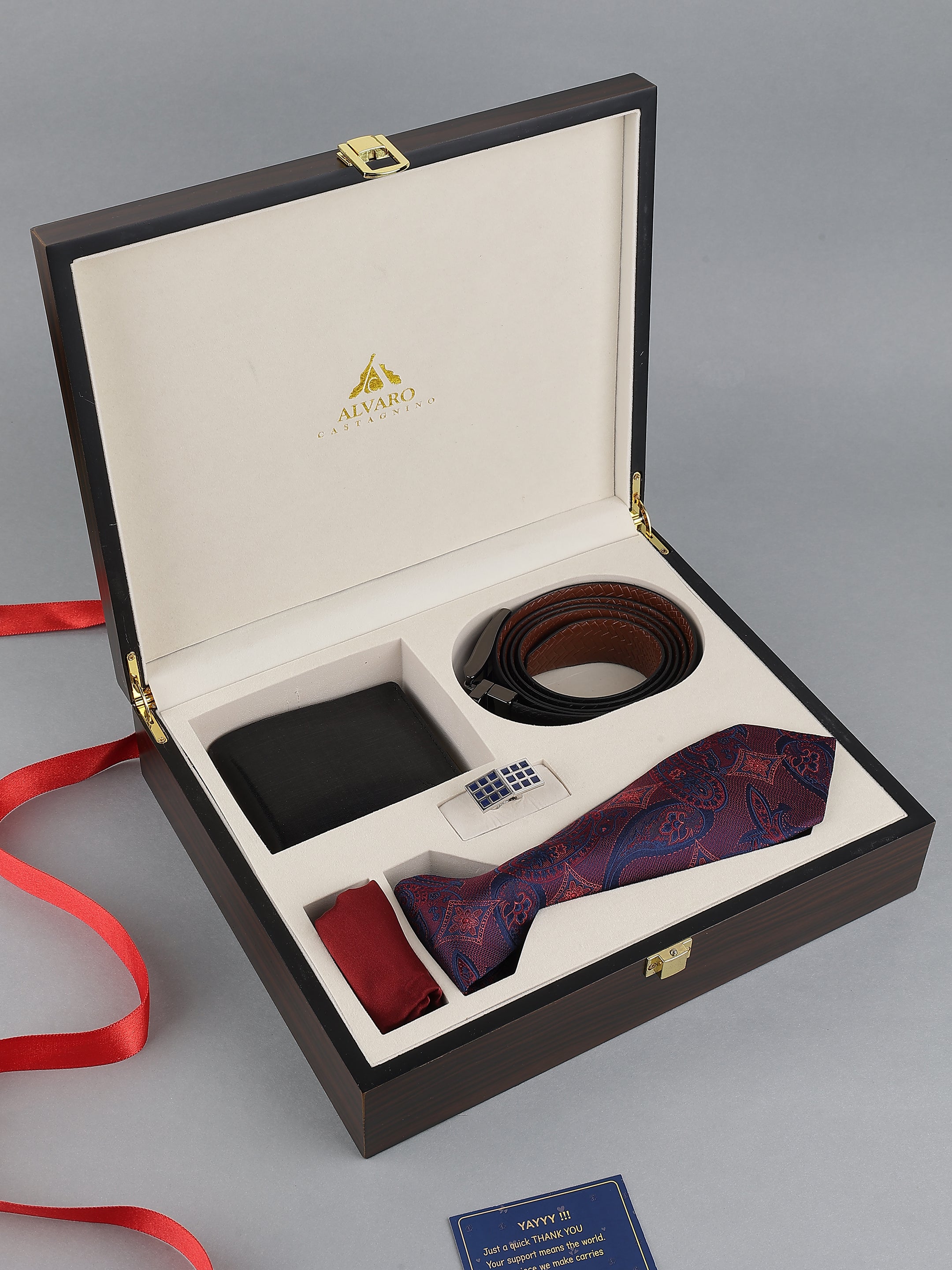 Maroon & Navy Paisley Silk Tie with Leather Belt & Wallet Gift Set