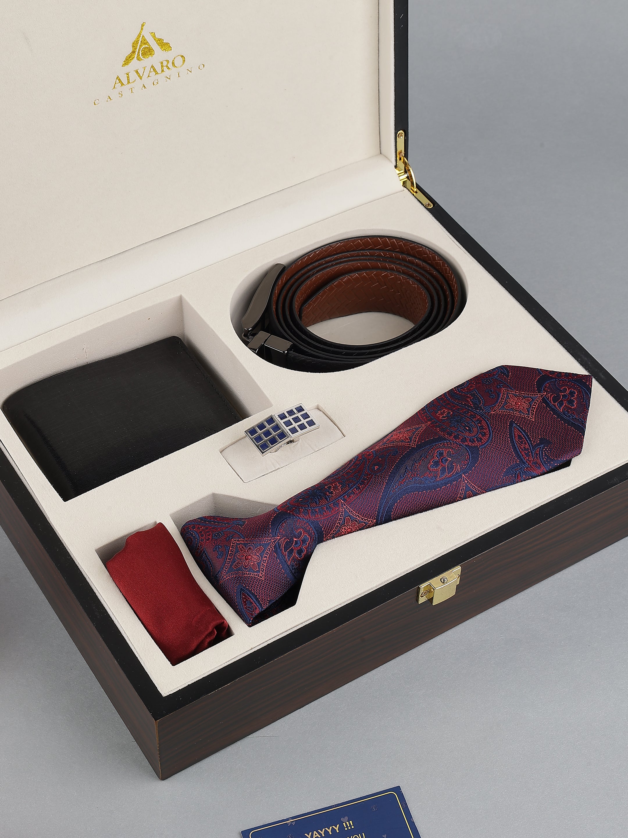 Maroon & Navy Paisley Silk Tie with Leather Belt & Wallet Gift Set