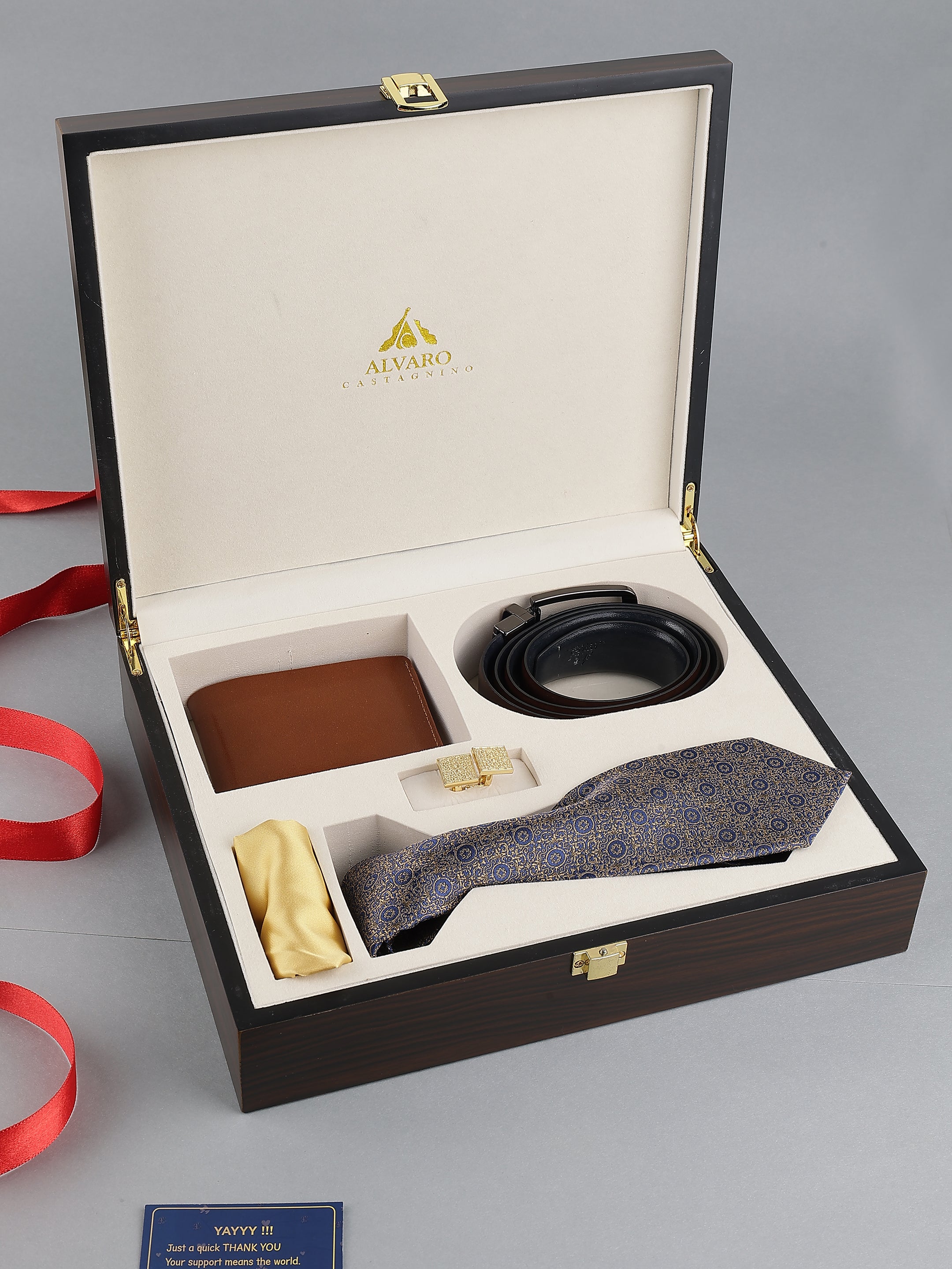Navy Printed Silk Tie with Leather Belt & Wallet Gift Set