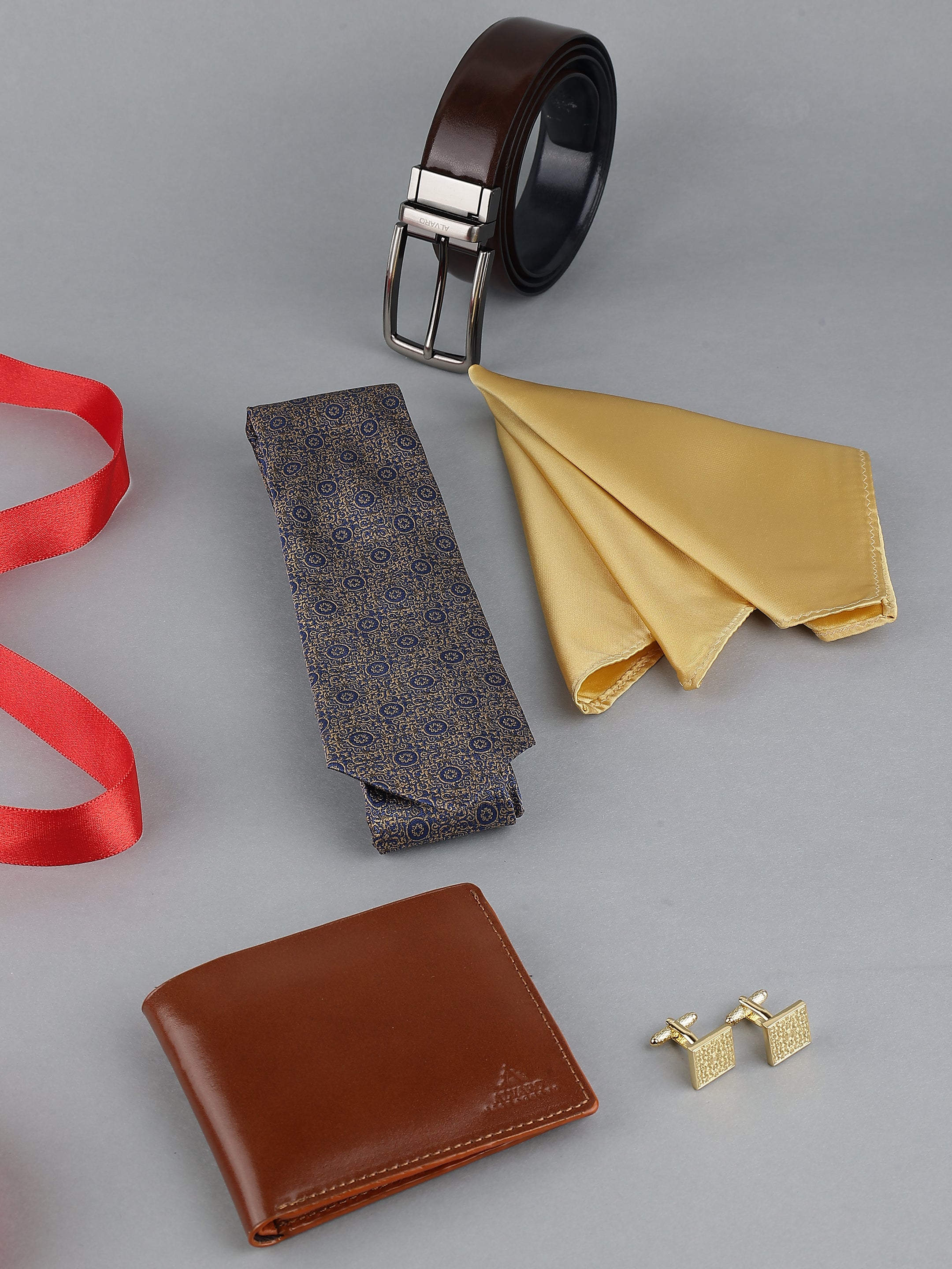 Navy Printed Silk Tie with Leather Belt & Wallet Gift Set